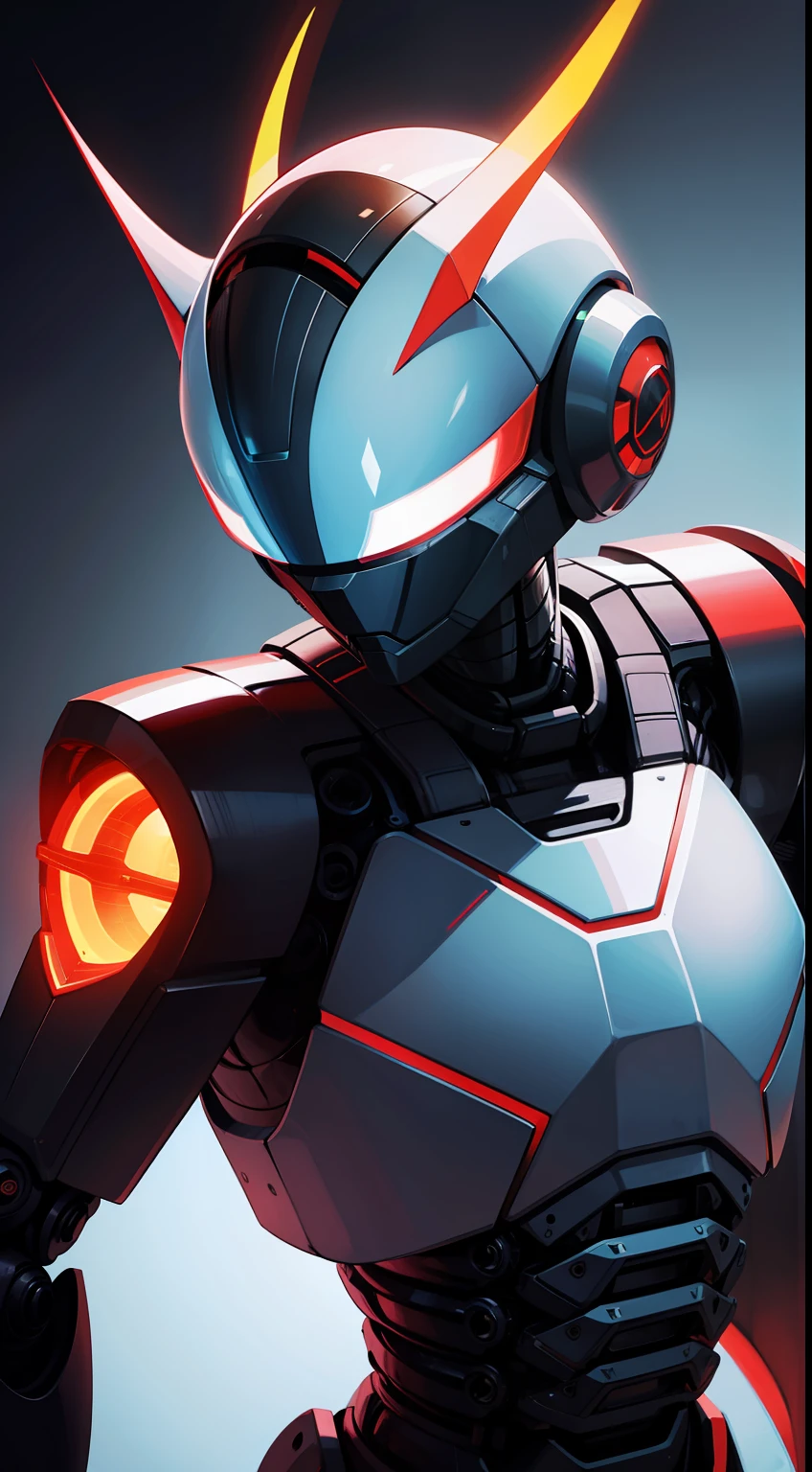 a robot,solo,rich color,Gradient,(glow:1.2),complex background,Helmet,Horns,