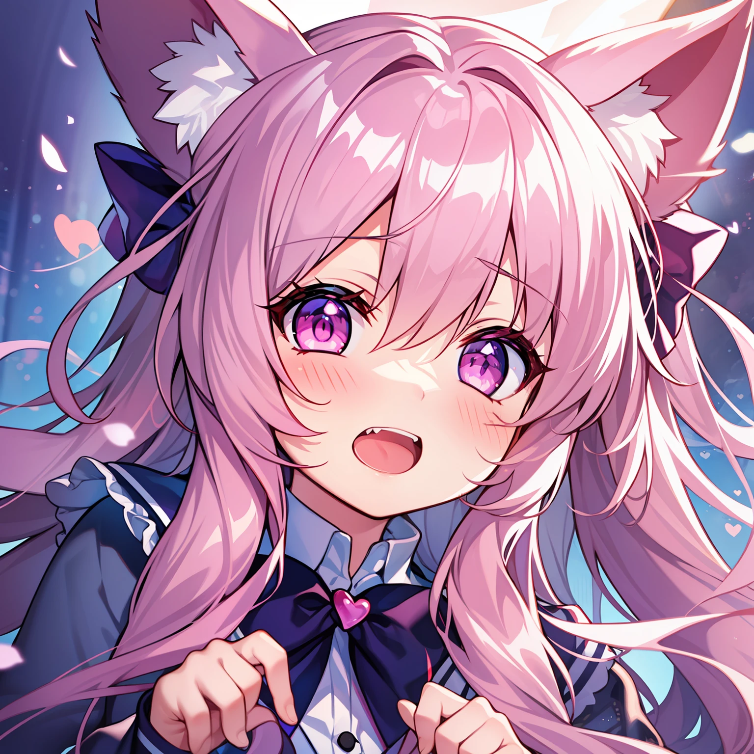 masterpiece,best quality,official art,extremely detailed CG unity 8k wallpaper, huge_filesize, Chinese, {{{}}}, {{{solo}}}, light, absurdly long hair, pink hair, white hair, {hair bow}, light blush, pink eyes, school uniform, heart in eye, glowing eyes, cat_ears, open mouth, {{deep_throat}}, teeth,{headpic}