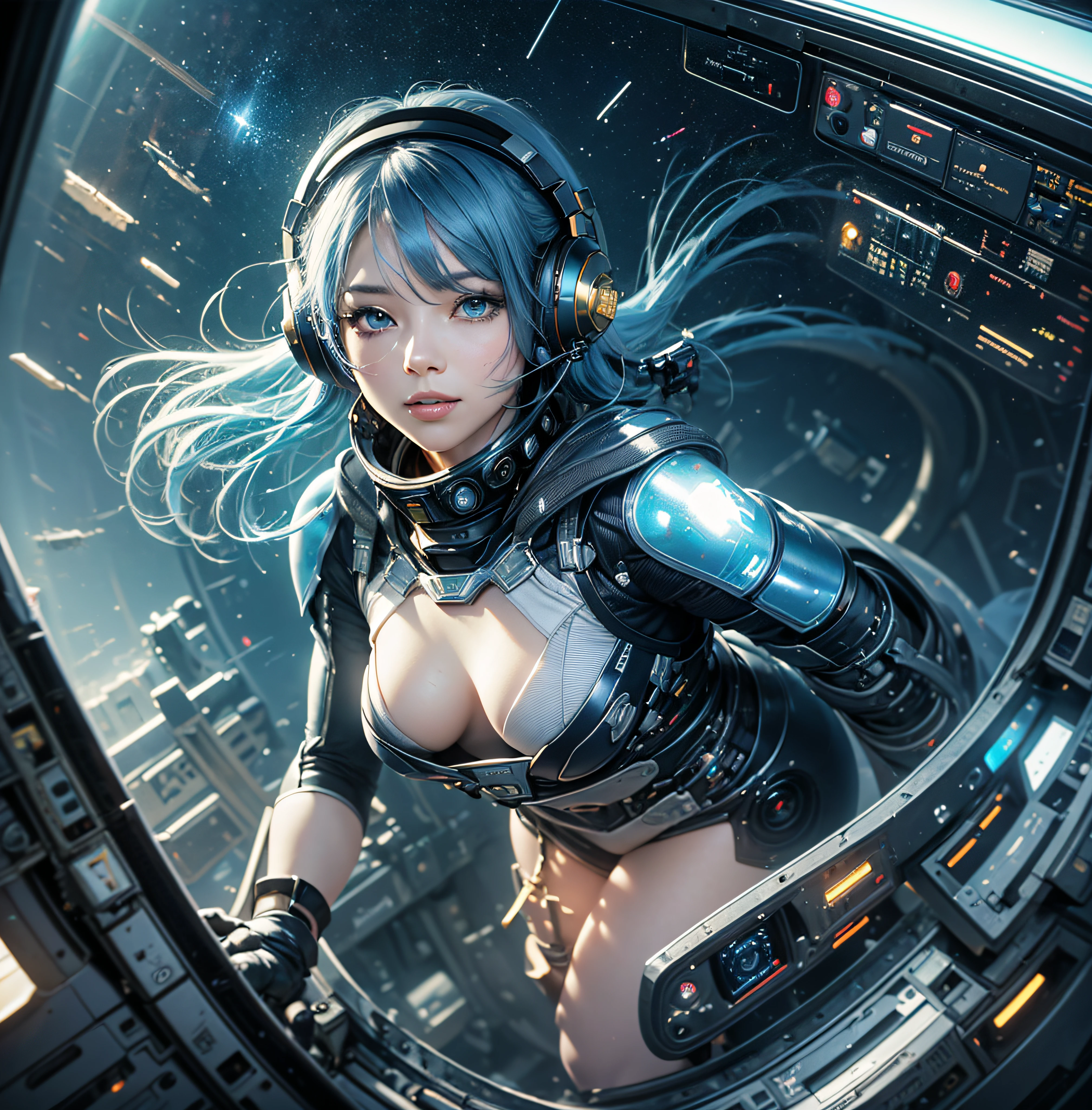 Full body, blue hair, blunt van, masterpiece, top quality, official art, album art, very elaborate CG Unity 8K wallpaper, lone girl, Japan girl, full body, super high resolution, (photorealistic: 1.4), dynamic angle, dynamic pose, mystical power, floating particles, reflection, so cute, sparkling blue color eyes, golden hour lighting, Pilot suit in white and blue and black colors, tight fitting clothes, full-body covering clothes, knee boots, (puffy eyes), viewer looking, front-facing, beauty, medium breasts, shirt lift, metal wire, slim body, arm-length gloves, anime heroine, gentle smile, headset, helmet, detailed robot cockpit, super futuristic space