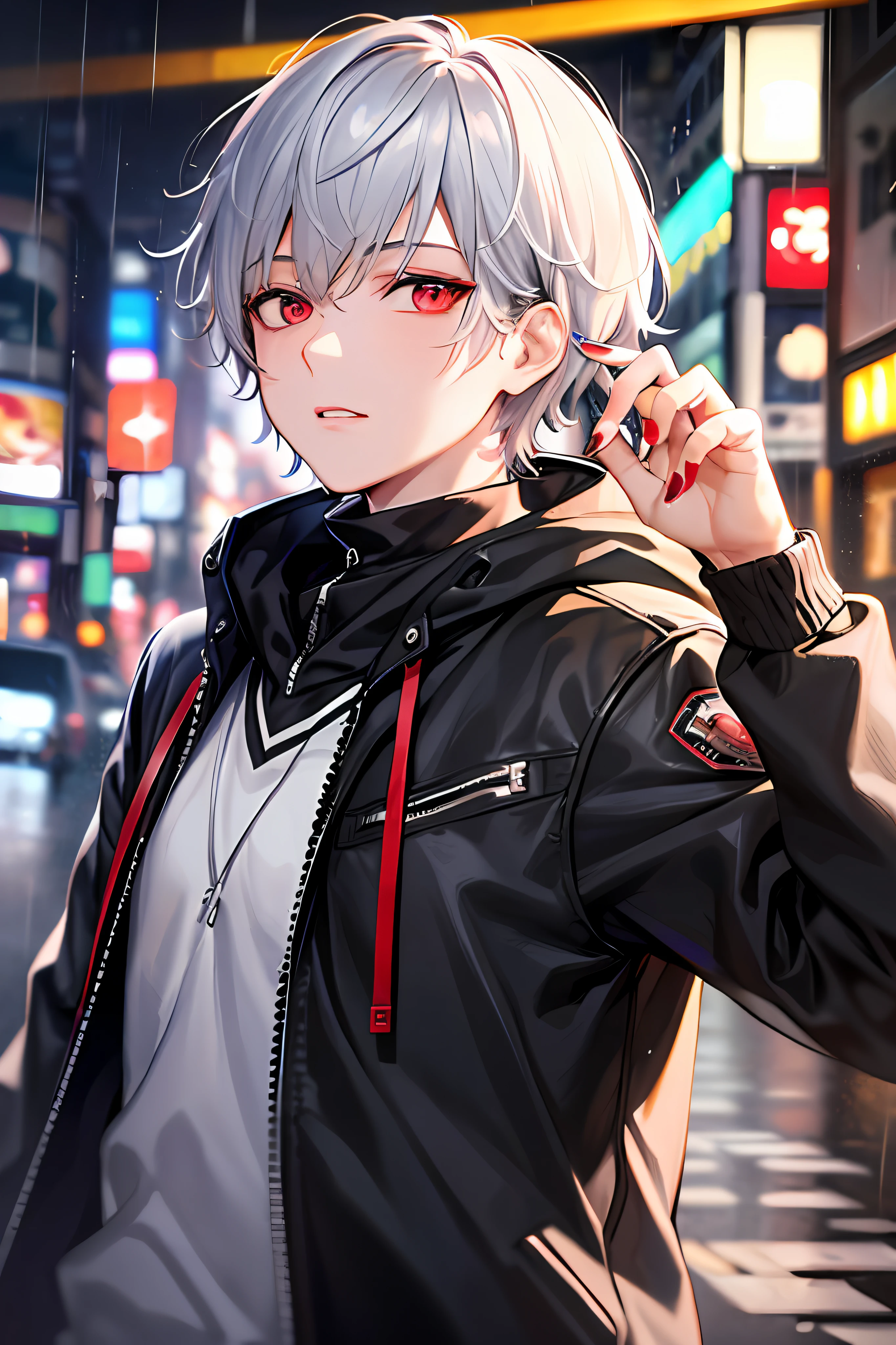 kk, best quality, more details, mastery, 1boy, kaneki ken, portrait, male focus, red eyes, solo, bangs, looking at viewer, hood, short hair, rain, tokyo tokyo \(city\), ,nail polish, gray hair, luxury, 8k, detail, ray tracing, depth of field, cinema lighting,