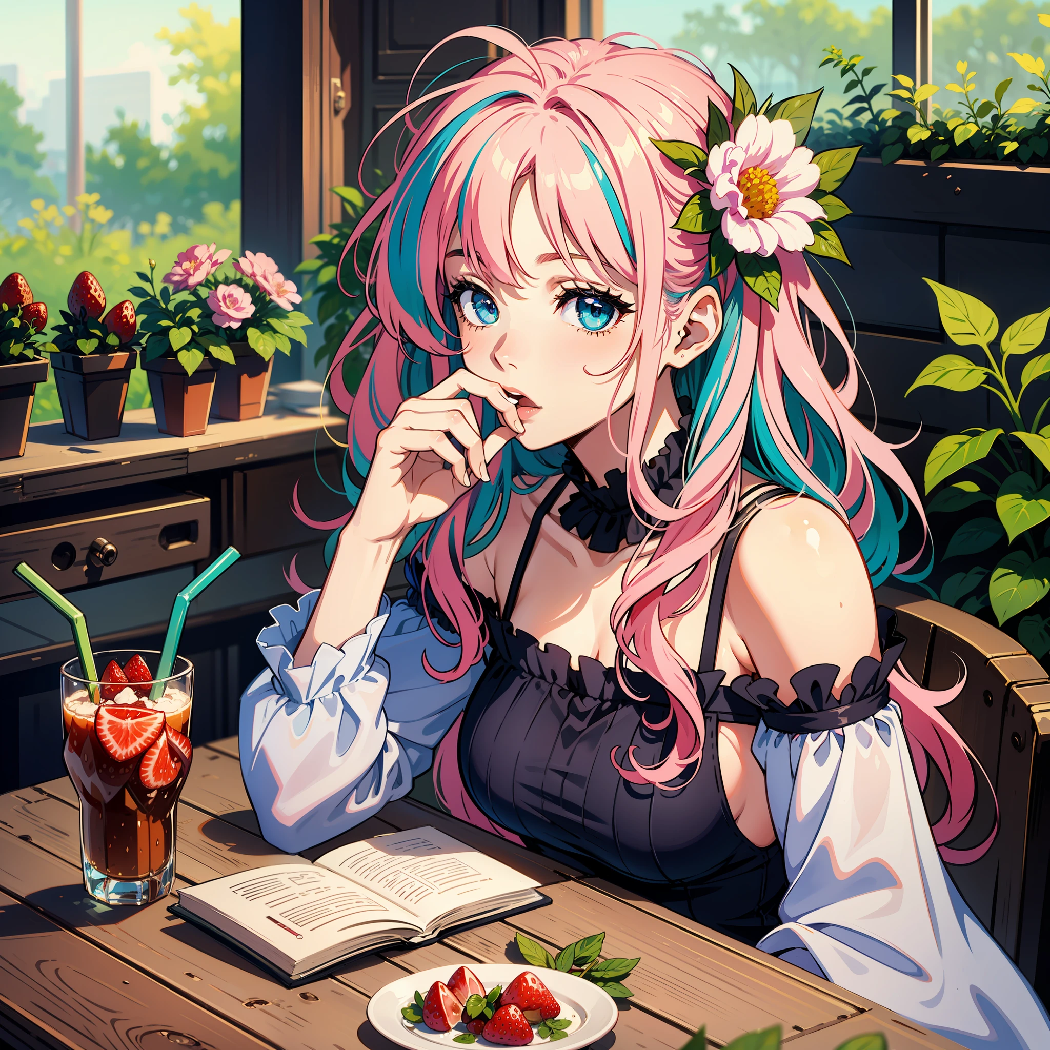 realistic character with green hair and pink streaks, blue eyes, wearing a dress with an image of strawberries, drinking coffee, with flowers scattered in her hair