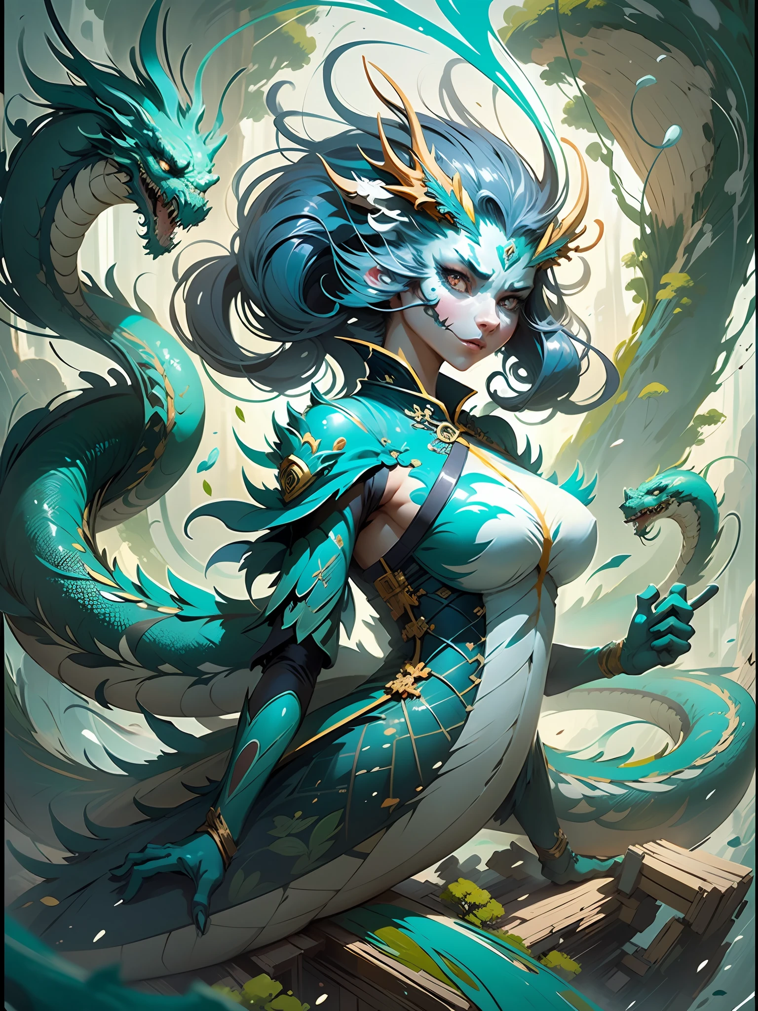 up view, 1girl, wear Chinese hanfu, lively posture, facing the audience, black lone hair, anime character on her back flying a big green cyan wood dragon::2 , trees and leafs skills and effect:1, in the style of light cyan and white, battle pose, dynamic movement, dynamic pose, laser, full of imagination, unmatched composition ultra-detailed super high quality, letterboxed, illustration