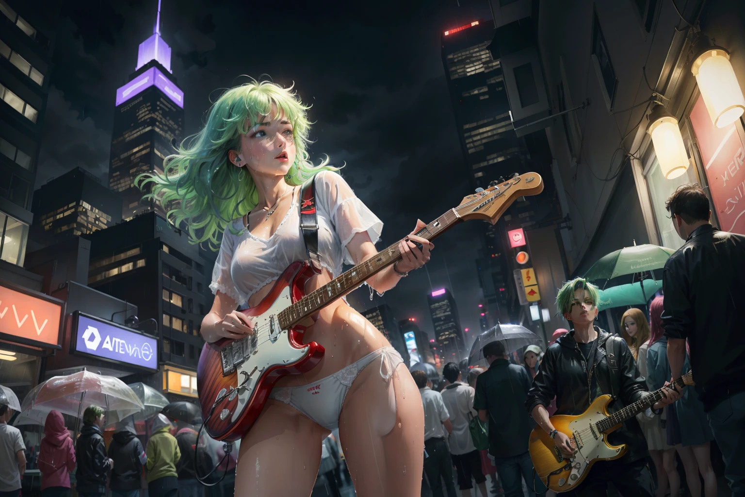 ((masterpiece, best quality)), 1girl, medium size breast, ((white panties)), ((electric guitar)), ((playing guitar)), holding guitar, wet hair, green hair, ((wet)), city street, ((rain)), ((night)), neon lights, skyscrapers, crowd, people, closeup, wide angle view, colorful, vivid colors, green electric guitar in hands,