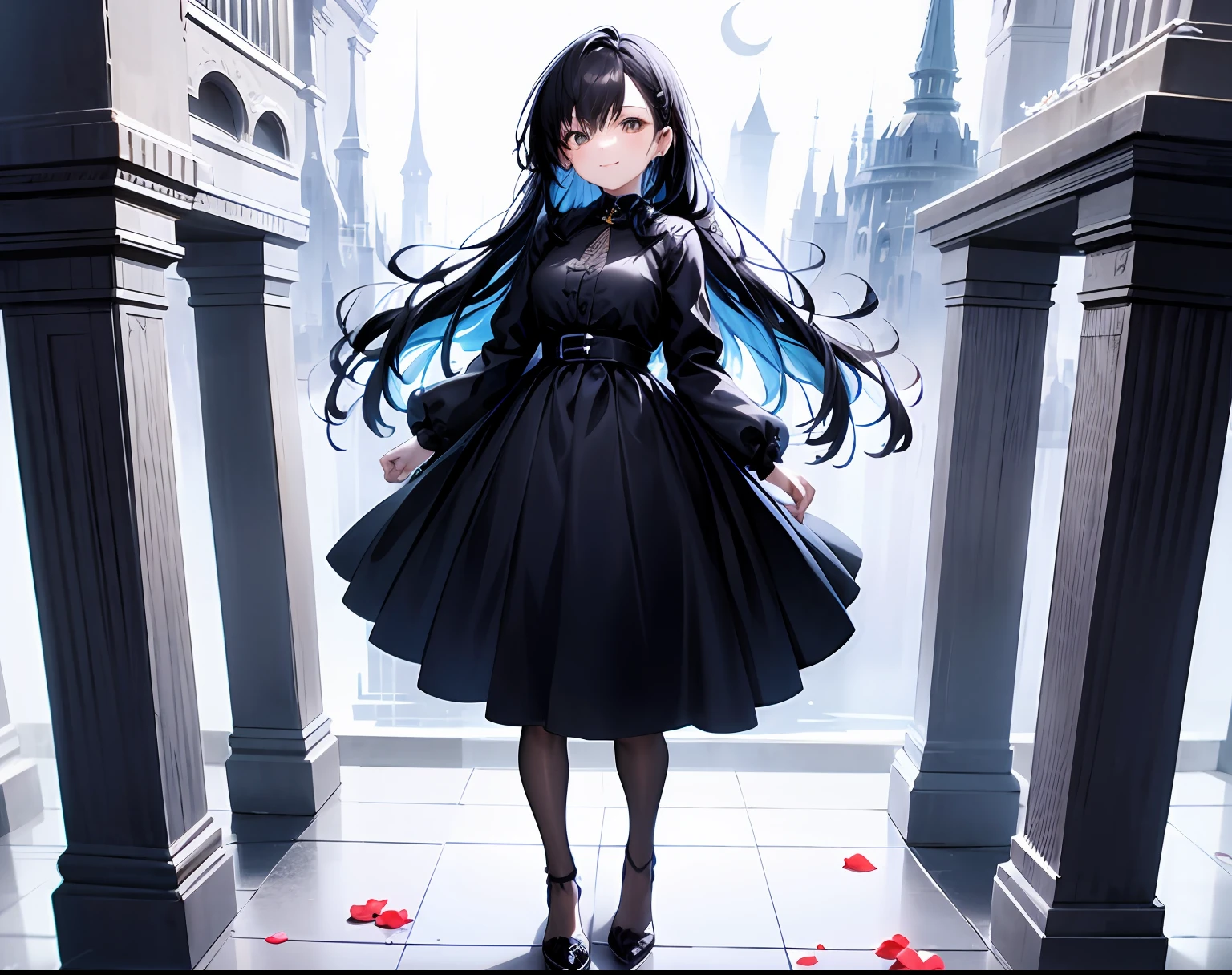 [(white background:1.5),::5] (isometric:1.0), double exposure, bubble,
mid shot, full body,
//
masterpiece, best quality, 1girl, (colorful),(finely detailed beautiful eyes and detailed face),cinematic lighting,bust shot,extremely detailed CG unity 8k wallpaper,black hair,long hair,black eyes,solo,smile,intricate skirt,((flying petal)),(Flowery meadow) sky, cloudy_sky, building, moonlight, moon, night, (dark theme:1.3), light, fantasy,looking at viewer,