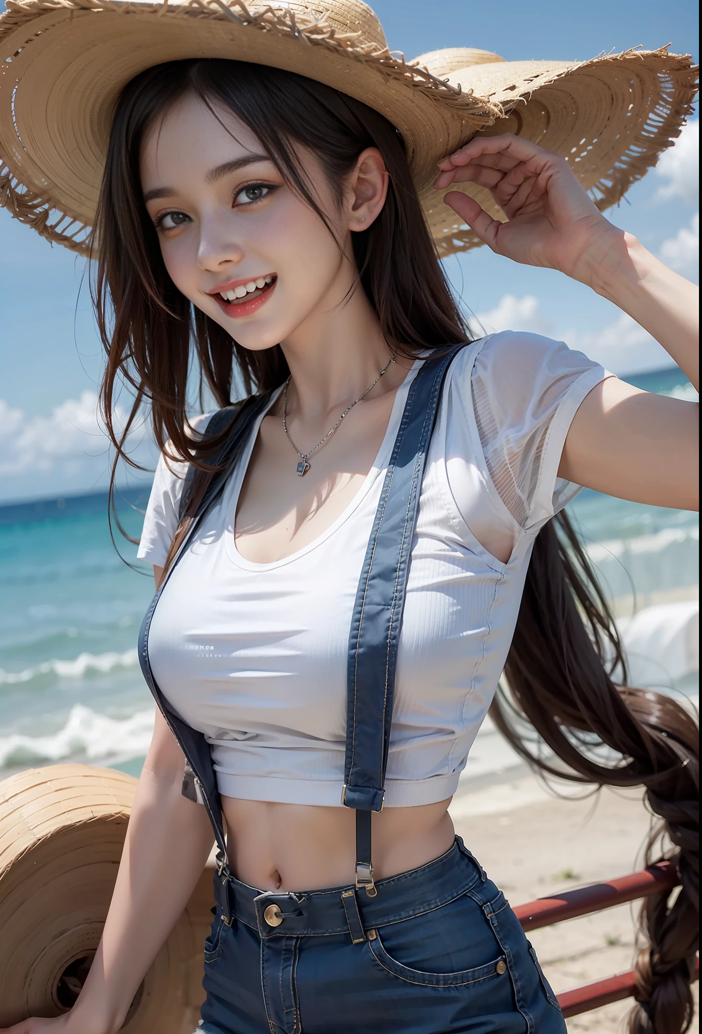 Vest, suspenders, 15-year-old beautiful girl, Tifa, ranch, straw hat, huge laughter, white and neat teeth,