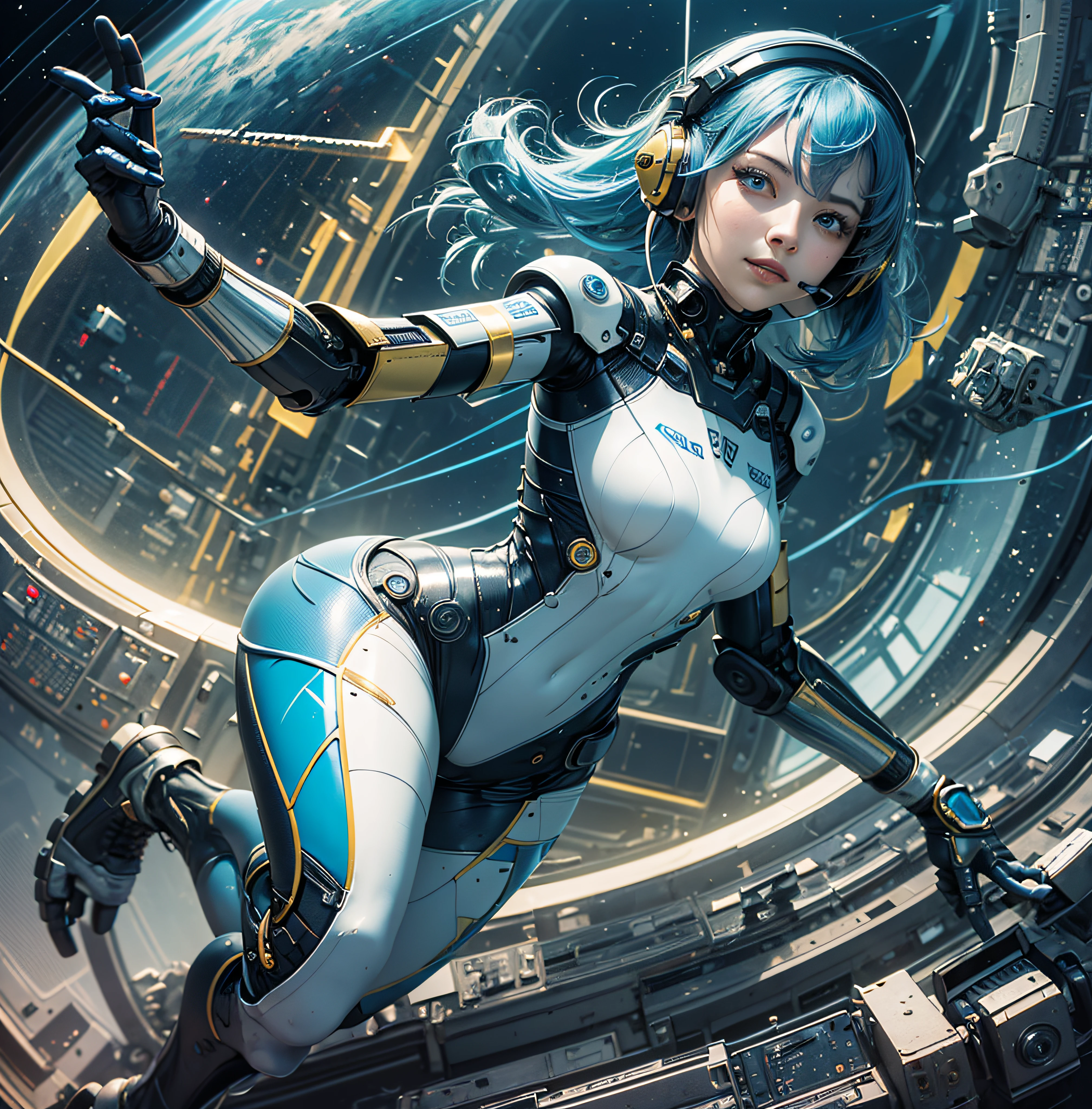 Full body, blue hair, blunt van, masterpiece, top quality, official art, album art, very elaborate CG Unity 8K wallpaper, lone girl, Japan girl, full body, super high resolution, (photorealistic: 1.4), dynamic angle, dynamic pose, mystical power, floating particles, reflection, so cute, sparkling blue color eyes, golden hour lighting, Pilot suit in white and blue and black colors, tight fitting clothes, full-body covering clothes, knee boots, (puffy eyes), viewer looking, front-facing, beauty, medium breasts, shirt lift, metal wire, slim body, arm-length gloves, anime heroine, gentle smile, headset, helmet, detailed robot cockpit, super futuristic space