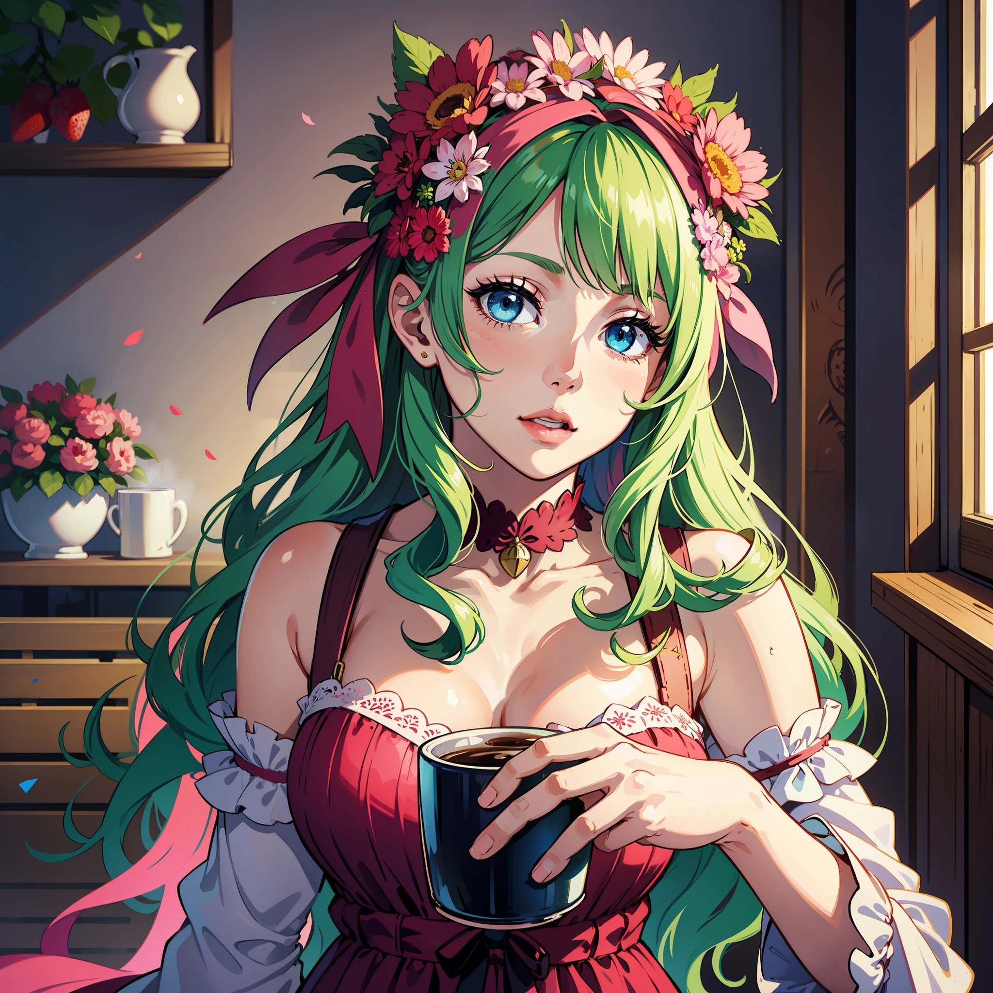 realistic character with green hair and pink streaks, blue eyes, wearing a dress with an image of strawberries, drinking coffee, with flowers scattered in her hair