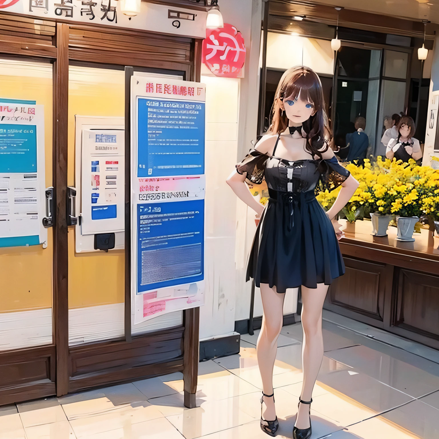 A girl, realistic, 8k resolution, pure and cute, charming temperament, red brown long hair, blue eyes, delicate small mouth, beautiful face, bumpy figure, G cups, hips, pink off-the-shoulder miniskirt, full body shot