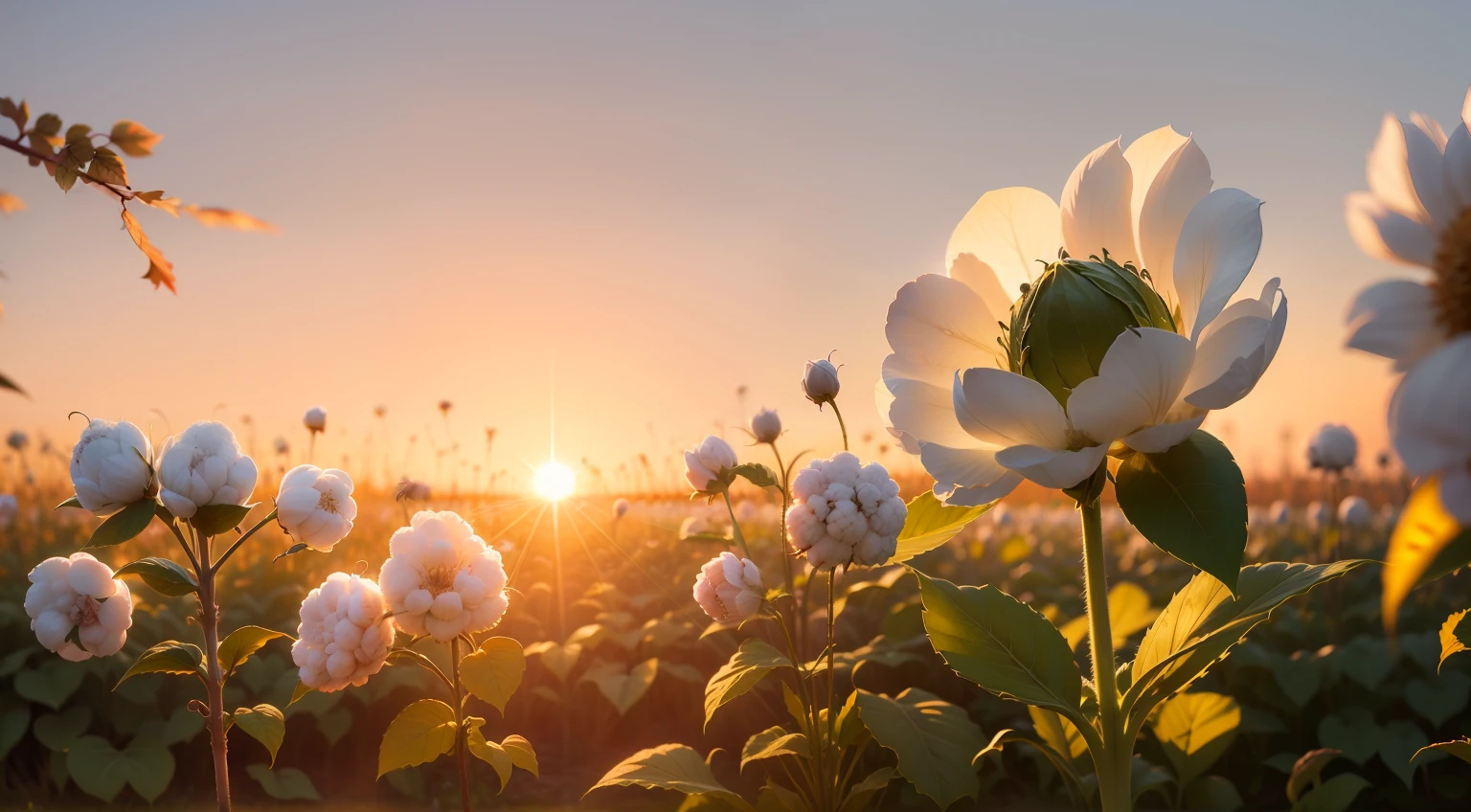 arafed field of cotton plants with the sun setting in the background, cotton, lots of cotton plants, lots of white cotton, soft golden light, golden hour sunlight, shining golden hour, bathed in golden light, beautiful sunny day, lined in cotton, shot at golden hour, shutterstock, morning golden hour, sun is shining, golden sunlight