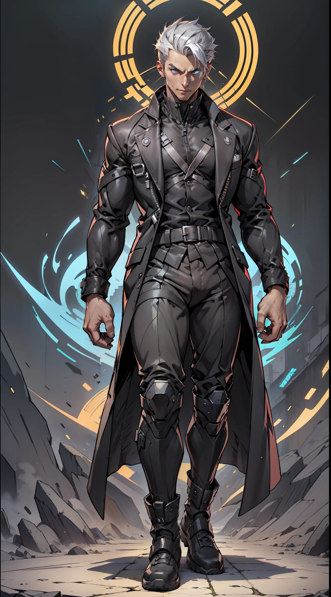 Desenhe um homem jovem com cabelos brancos, appearing to have an aura of wisdom and mystery. Seus cabelos brancos devem ser longos e levemente ondulados, proporcionando um visual elegante e distinto. Ele usa um longo, black overcoat that extends to his ankles, creating an imposing and intriguing appearance. O sobretudo deve ter um design detalhado Seus olhos devem ser penetrantes e expressivos, imparting wisdom and a depth of experience. The special silver footwear he wears is a unique and technological piece. It should be a type of boot or footwear that goes up to the knee, com um acabamento brilhante e detalhes futuristas. Essas botas prateadas devem ser estilosas e funcionais, providing the character with a unique and distinctive appearance. Sinta-feel free to give the figure an air of mystery and power, keeping a touch of youth in his appearance. Lembre-if the main emphasis is on the black overcoat and the special silver footwear, But other additional details can be added to enhance the character and make-lo ainda mais fascinante