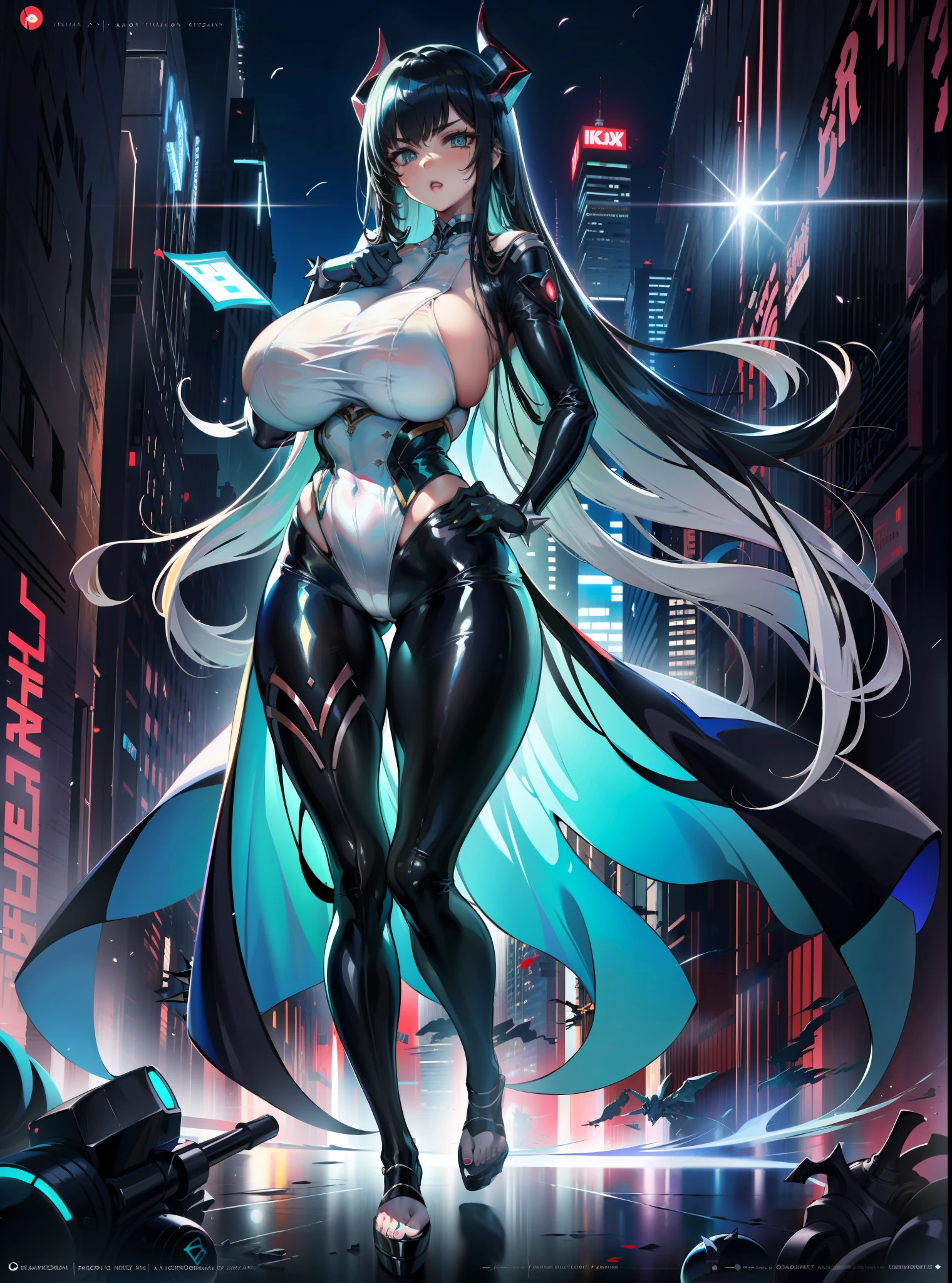by josan gonzalez,masterpiece), (half body), tall young woman, ((woman focus)), tall mature milf, long black hair, neon blue horns, pale skin, scarlet eyes, moles, , sparks, particles,cyberpunk, cyborg, looking_at_viewer,, fortified suit,long black coat, black plugsuit, solo, standing, symmetrical eyes, eyeshadows, detailed face and eyes, dynamic lighting, cinematic lighting, volume lighting, ultra high resolution, cyberpunk, night cyberpunk city with neon lighting, futobot, modelshoot style, (extremely detailed CG unity 8k wallpaper), professional majestic oil painting by Ed Blinkey, Atey Ghailan, Studio Ghibli, by Jeremy Mann, Greg Manchess, Antonio Moro, trending on ArtStation, trending on CGSociety, Intricate, High Detail, Sharp focus, dramatic, photorealistic painting art by midjourney and greg rutkowski, sexy lips, (gigantic and massive tits:1.1), breasts, official illustration, illustration, detailed face, beautiful intricate eyes, curvy milf, 1:2), closeup, titsnipples, (silver spiky hairstyle:1.3), (random positions:1.3), (art style by Sakimichan), ass, big butt, big booty, bubble booty