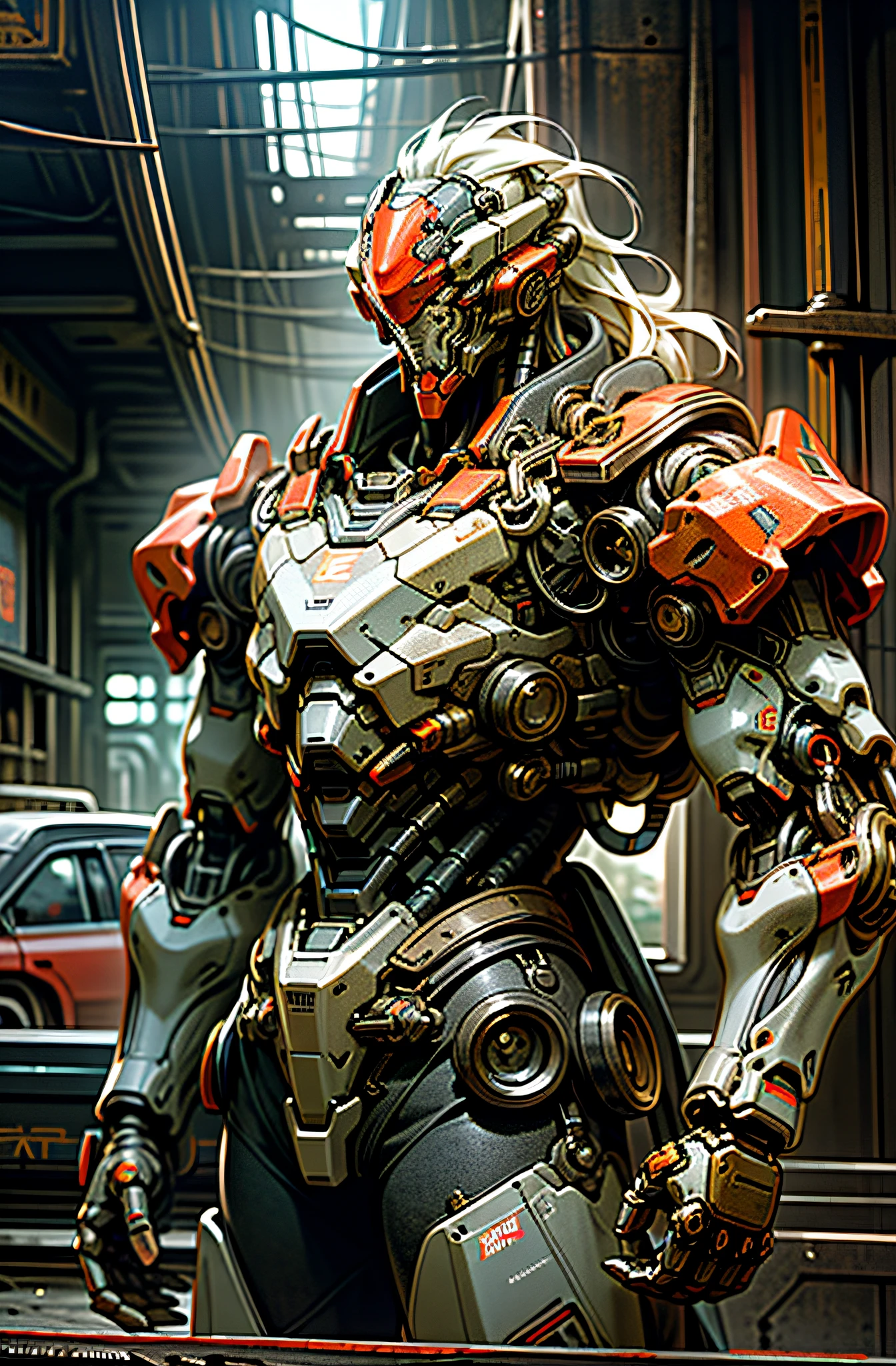 Dark_Fantasy,Cyberpunk,(chain saw,chain saw man,Red:1.1),1man,Mechanical marvel,Robotic presence,Cybernetic guardian, wearing a worn-out mech suit, intricate, (steel metal [rusty]), elegant, clear focus, shot by greg rutkowski, soft lighting, vibrant colors, masterpiece, ((street)), cowboy shot, dynamic pose,