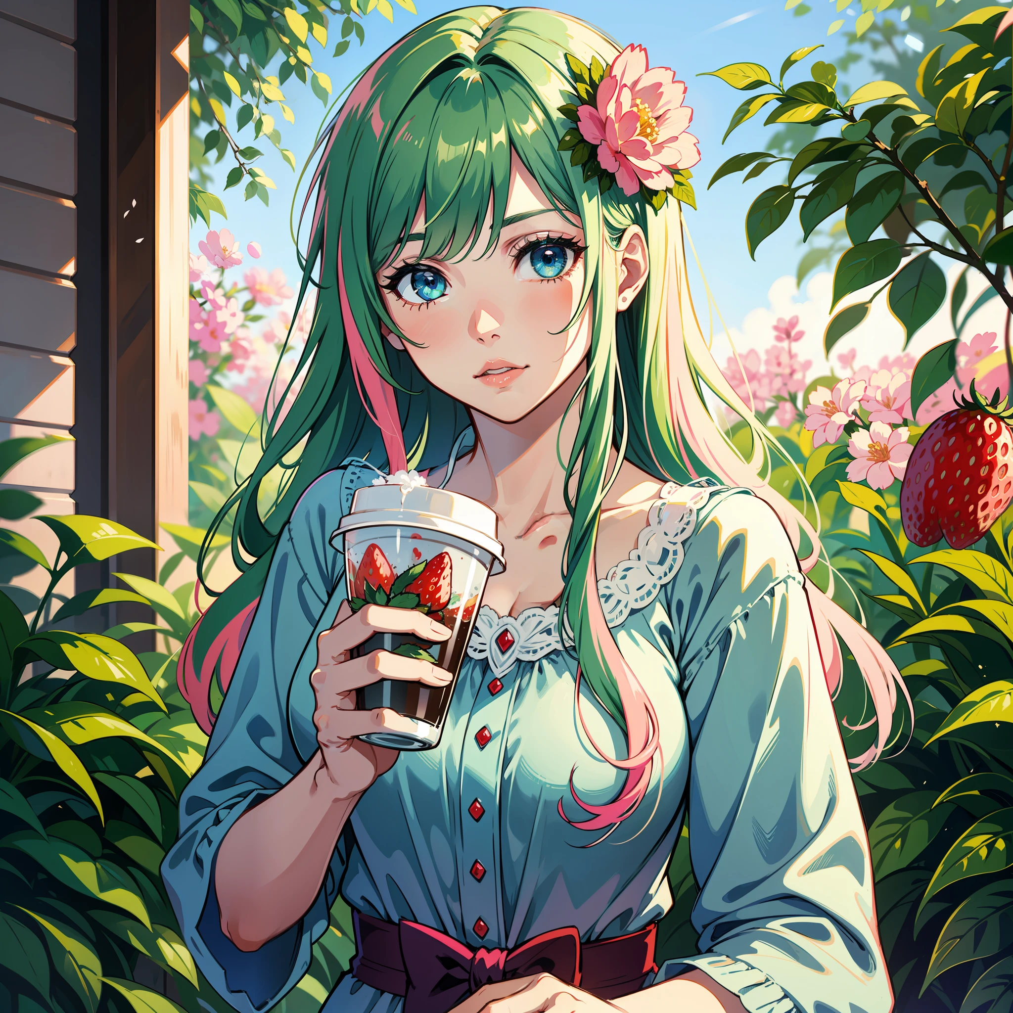 realistic character with green hair and pink streaks, blue eyes, wearing a dress with an image of strawberries, drinking coffee, with flowers scattered in her hair