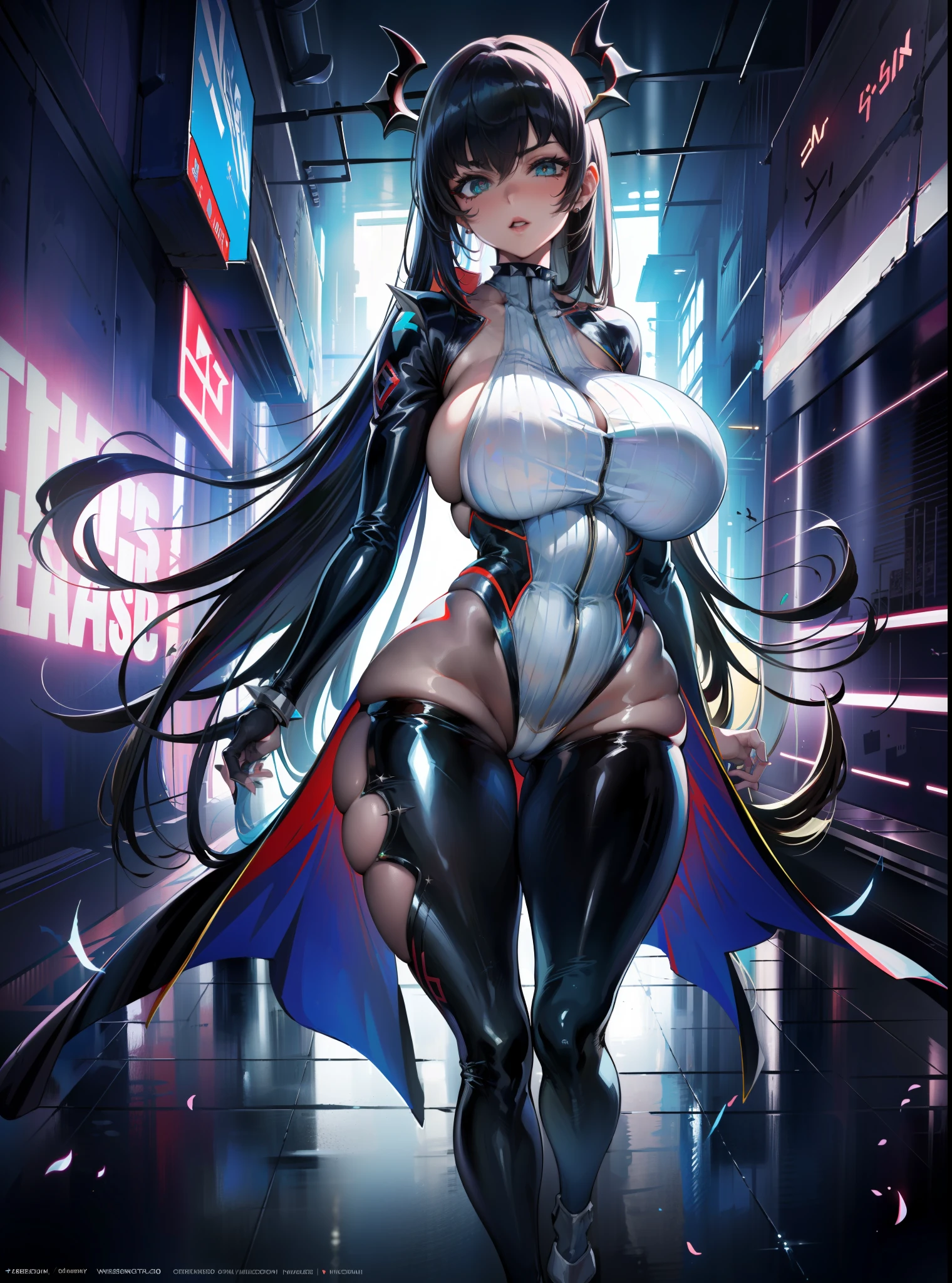 by josan gonzalez,masterpiece), (half body), tall young woman, ((woman focus)), tall mature milf, long black hair, neon blue horns, pale skin, scarlet eyes, moles, , sparks, particles,cyberpunk, cyborg, looking_at_viewer,, fortified suit,long black coat, black plugsuit, solo, standing, symmetrical eyes, eyeshadows, detailed face and eyes, dynamic lighting, cinematic lighting, volume lighting, ultra high resolution, cyberpunk, night cyberpunk city with neon lighting, futobot, modelshoot style, (extremely detailed CG unity 8k wallpaper), professional majestic oil painting by Ed Blinkey, Atey Ghailan, Studio Ghibli, by Jeremy Mann, Greg Manchess, Antonio Moro, trending on ArtStation, trending on CGSociety, Intricate, High Detail, Sharp focus, dramatic, photorealistic painting art by midjourney and greg rutkowski, sexy lips, (gigantic and massive tits:1.1), breasts, official illustration, illustration, detailed face, beautiful intricate eyes, curvy milf, 1:2), closeup, titsnipples, (silver spiky hairstyle:1.3), (random positions:1.3), (art style by Sakimichan), ass, big butt, big booty, bubble booty