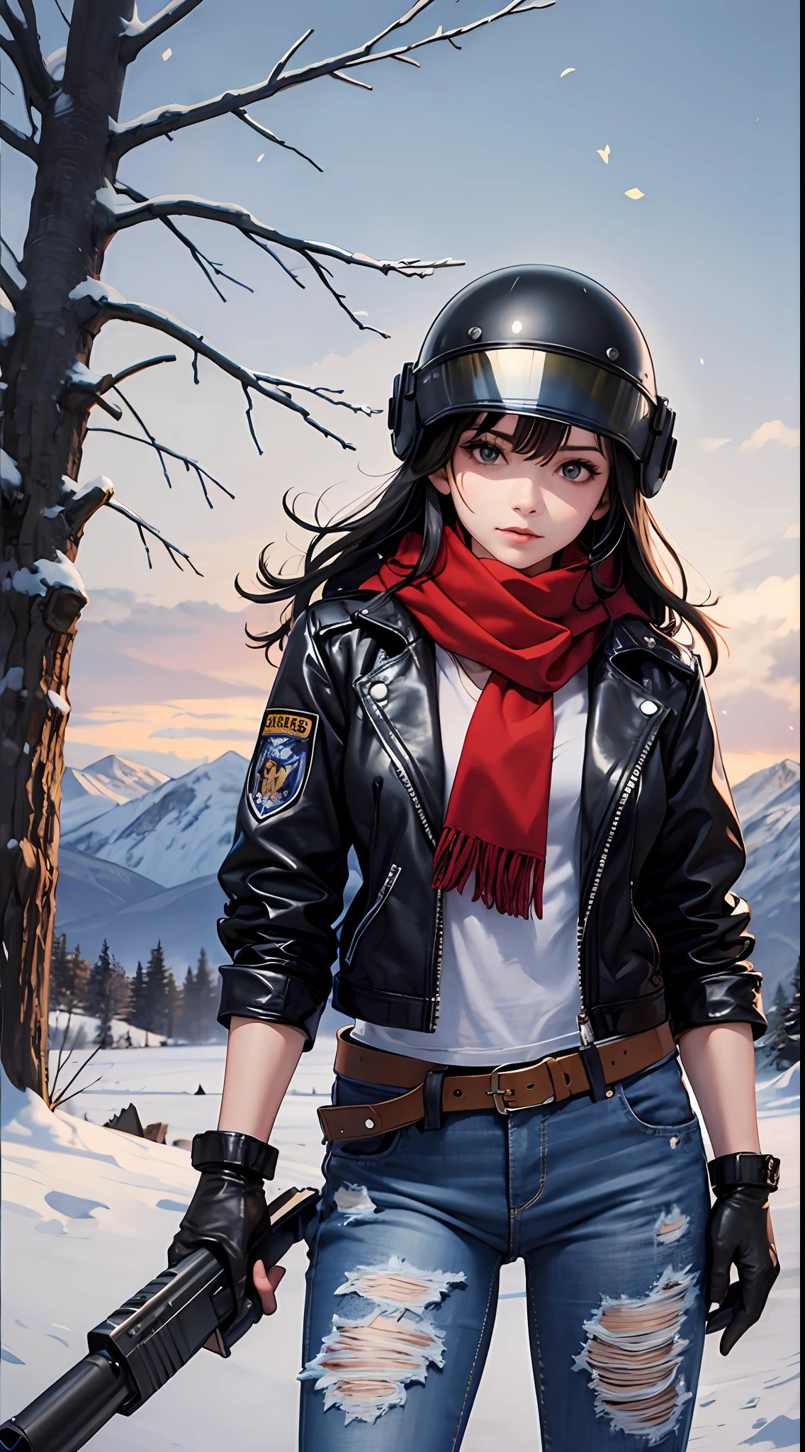 masterpiece,best quality,highres,
(1girl),medium shot,heavy helmet,black hair,shaded face,scarf,leather jacket,tactical,holding gun,gloves,belt,torn jeans,
snow background,tree,mountains,