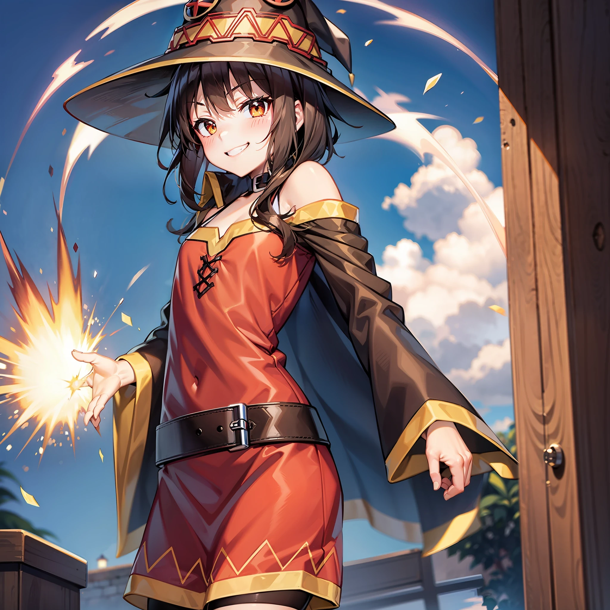 Megumin, exploding in the back, only one person, smiling cutely