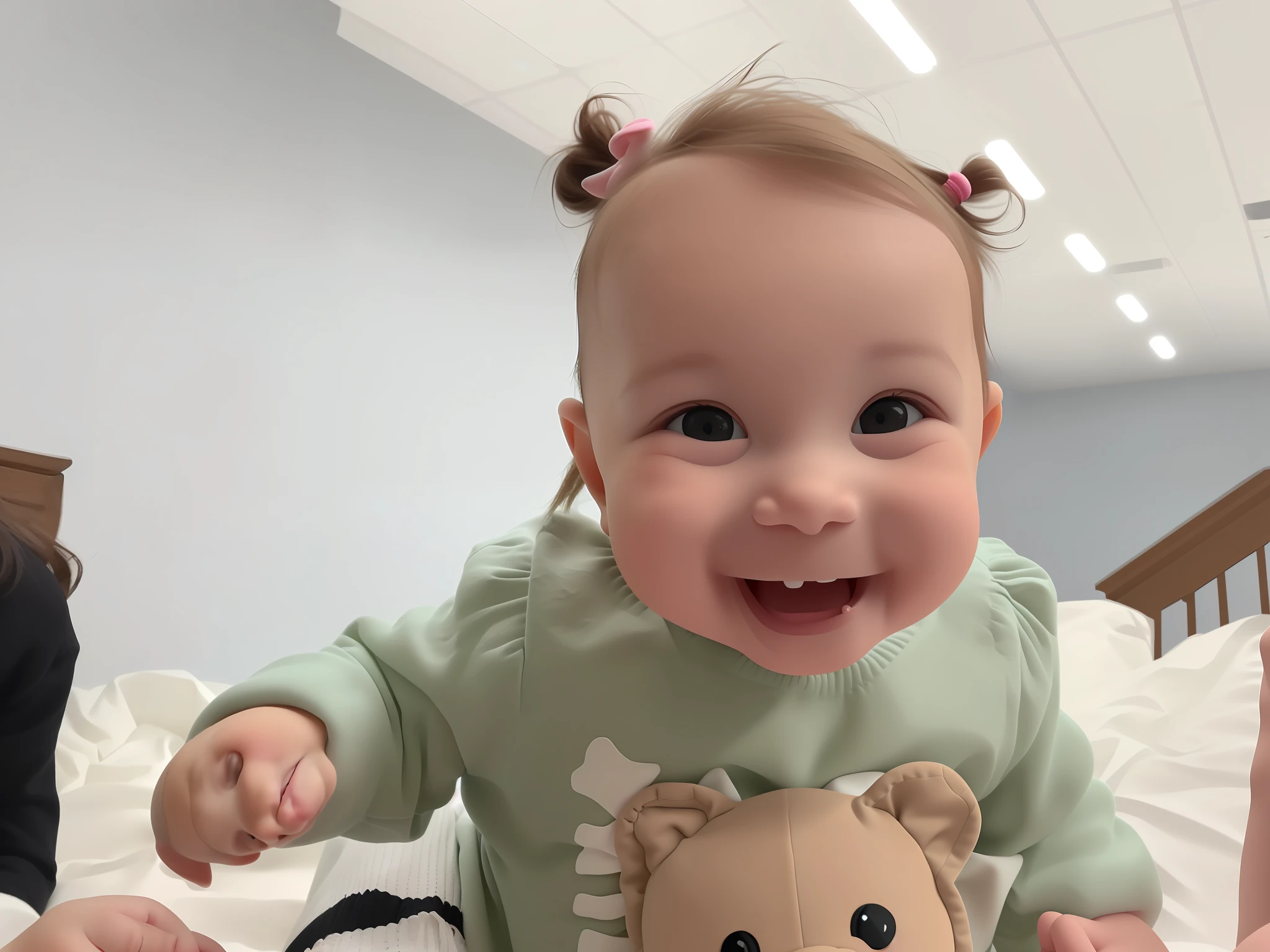 there is a that is standing up with a stuffed animal, she is smiling and excited, she is smiling and happy, smiling into the camera, happily smiling at the camera, cute silly face, she has a cute expressive face, she has a cute face, big smile on her face, she is smiling, smiling at the camera, almost smiling, smiling at camera