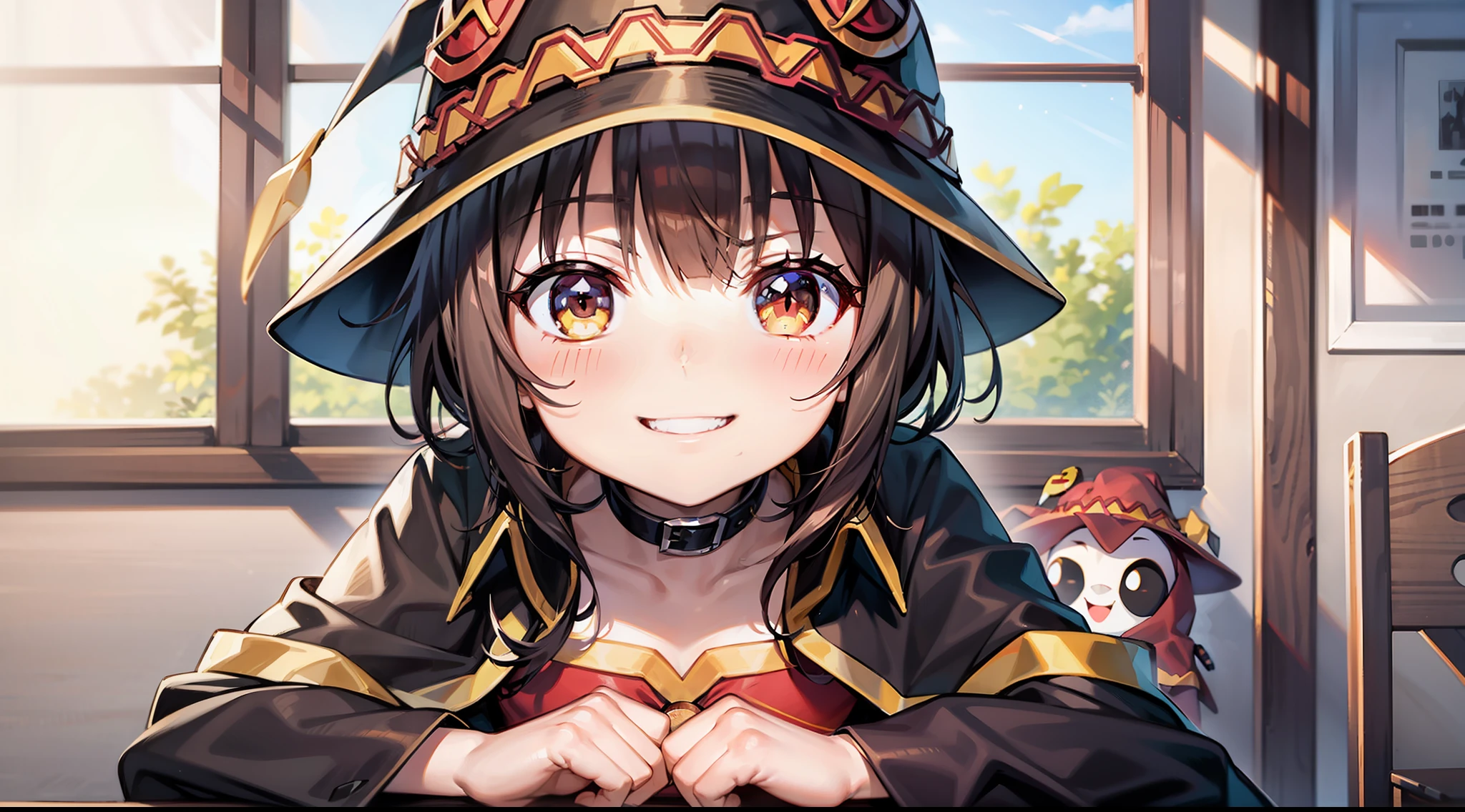 Megumin, exploding in the back, only one person, smiling cutely
