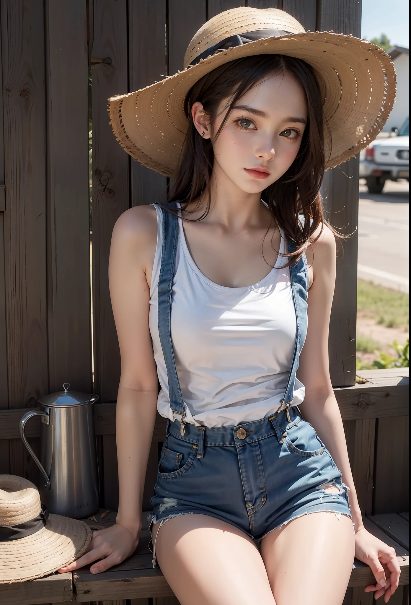 Tank top, suspenders, 15 year old girl, ranch, straw hat,