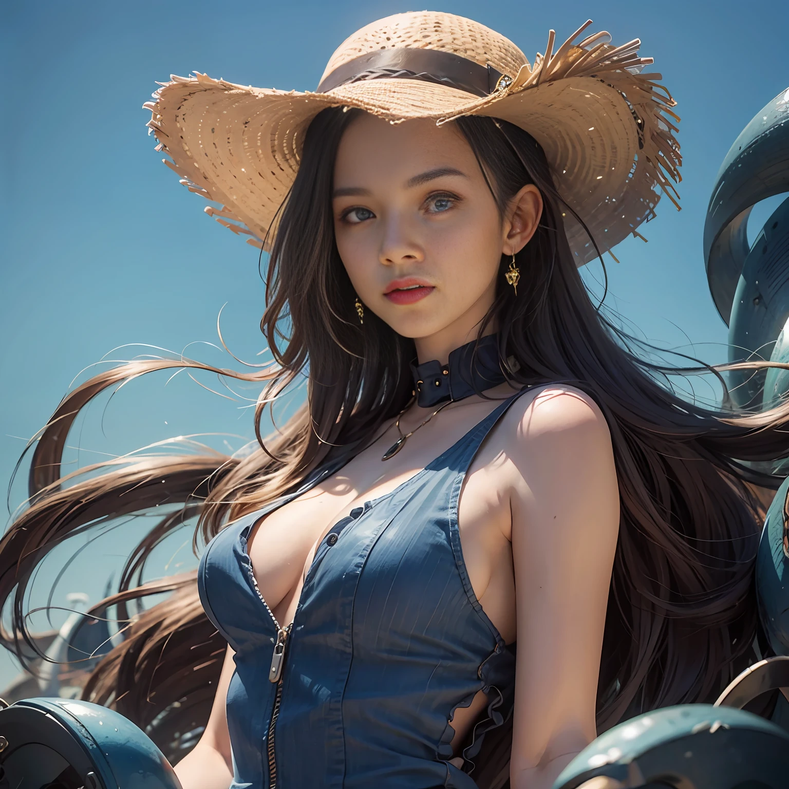Realistic wide shot of one beautiful woman in beautiful contrast on blue background.