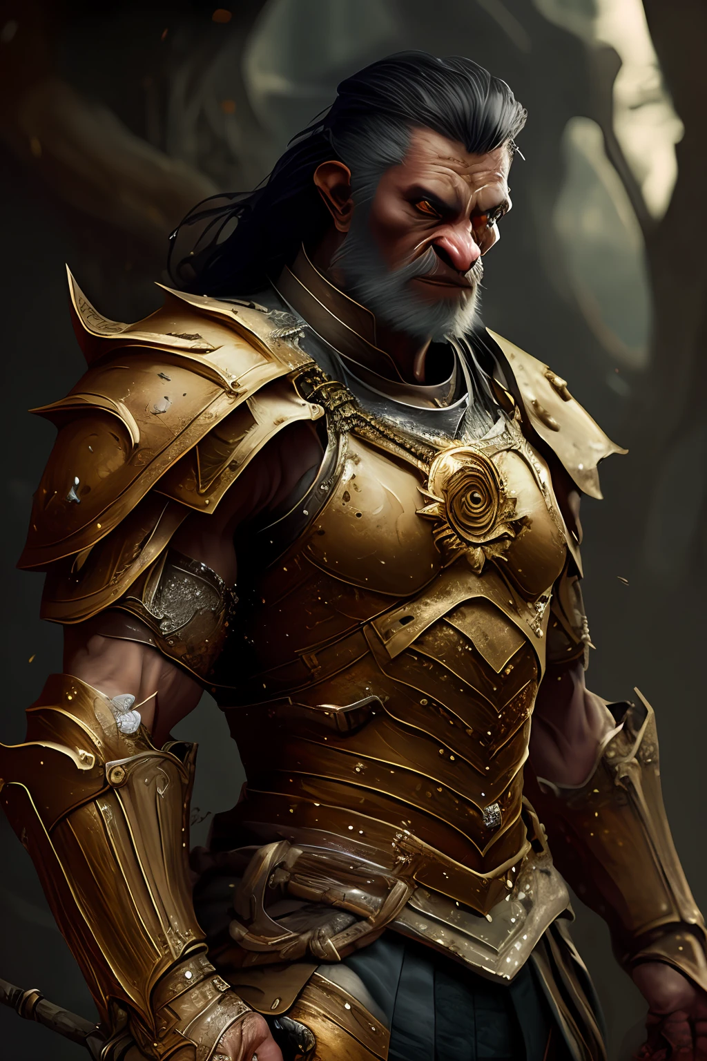 Orc warrior wearing metallic armor with gold accents, holding a giant two-handed axe resting his feet on dead humans