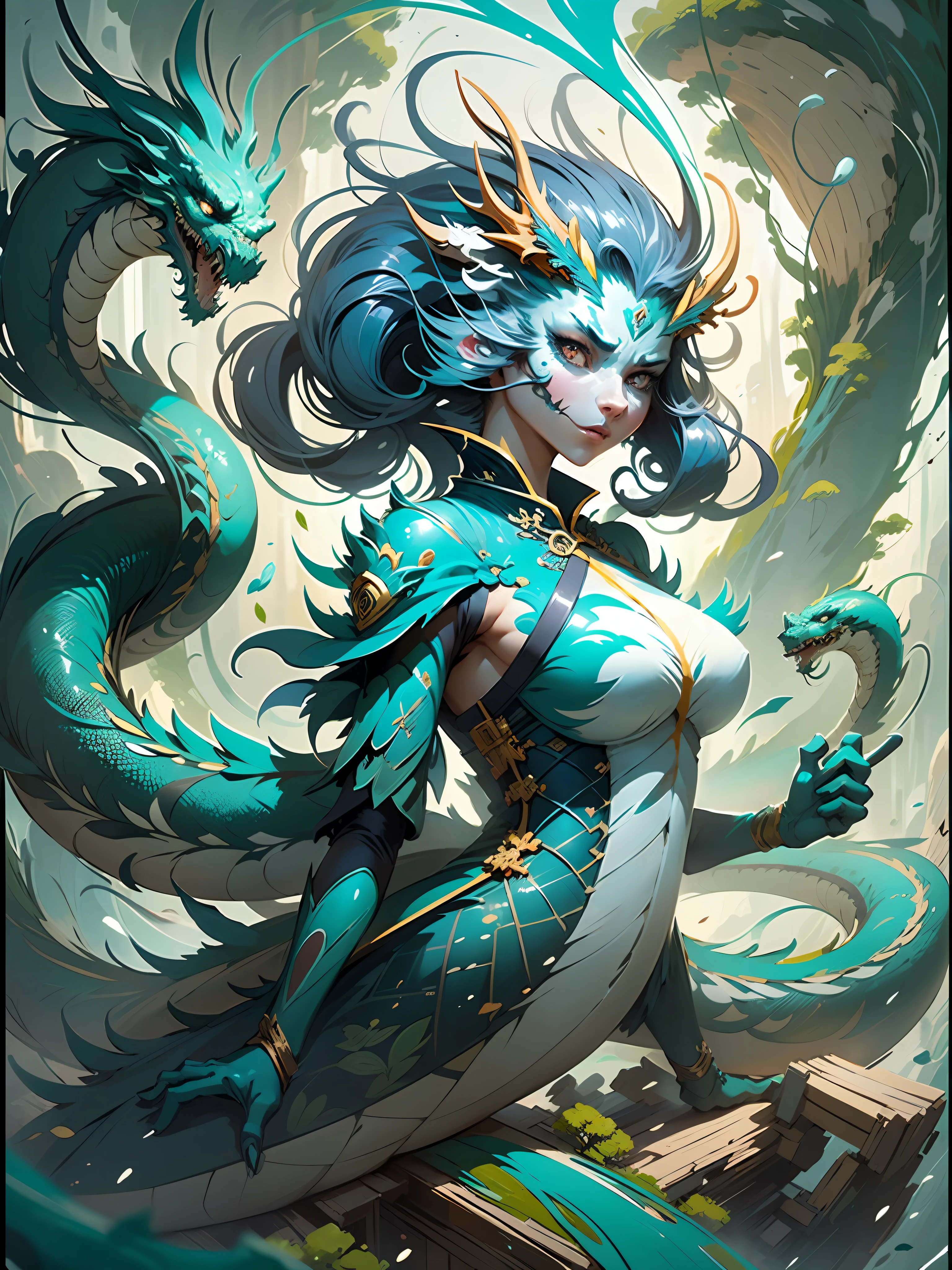 up view, 1girl, wear Chinese hanfu, lively posture, facing the audience, black lone hair, anime character on her back flying a big green cyan wood dragon::2 , trees and leafs skills and effect:1, in the style of light cyan and white, battle pose, dynamic movement, dynamic pose, laser, full of imagination, unmatched composition ultra-detailed super high quality, letterboxed, illustration