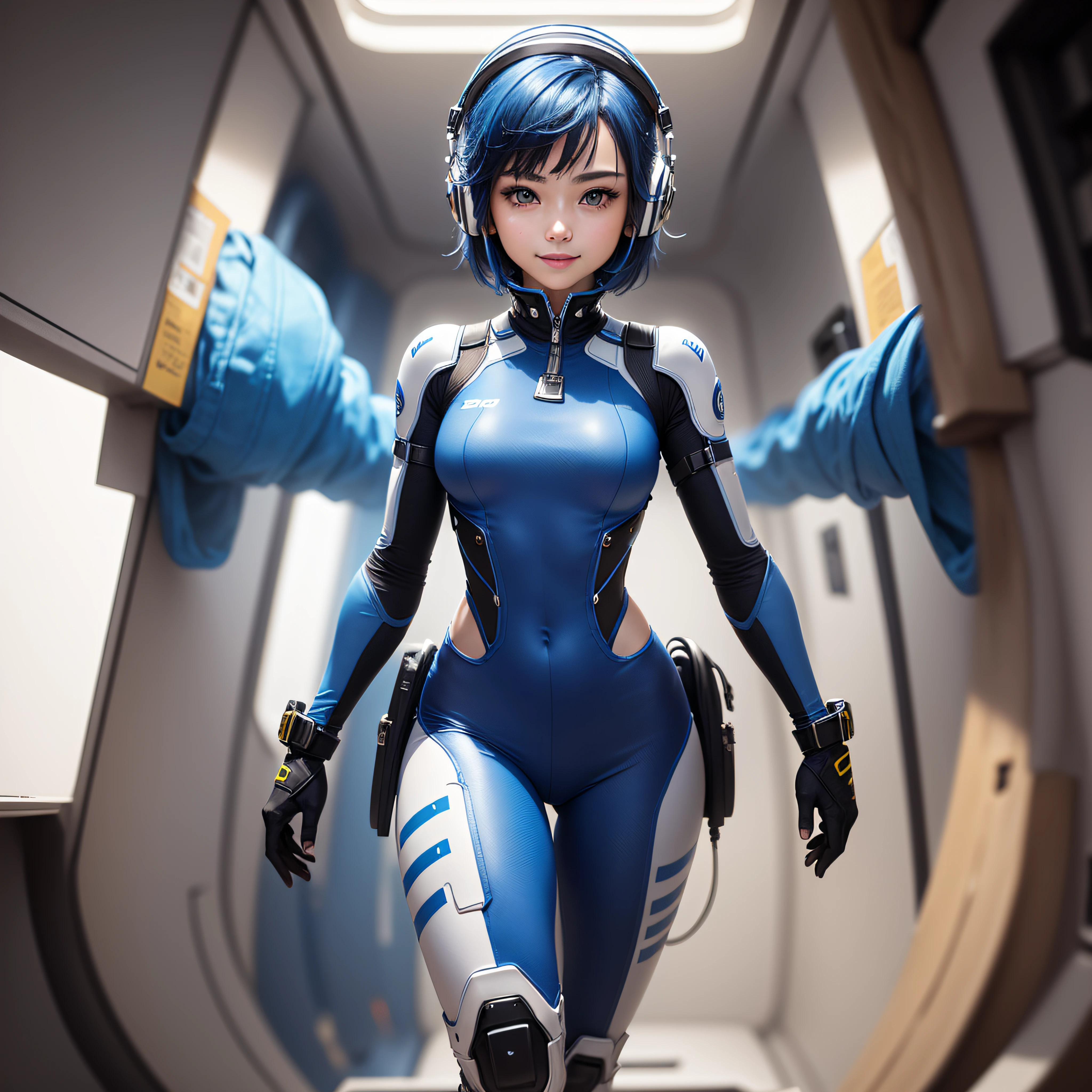 (masterpiece, highest quality, highest resolution, distinct_image, detailed details): (Solo, lone girl, face is Japan person, short cut, blue-haired girl, full body figure, (perfect body: 1.4), sparkly blue color eyes, white and blue, black color pilot suit, tight fit clothes, clothes that cover the whole body, very delicate and beautiful, detailed skin, slim body, exoskeleton, Cute, beautiful, light smile, heroine, headset, boots, in the spaceship)