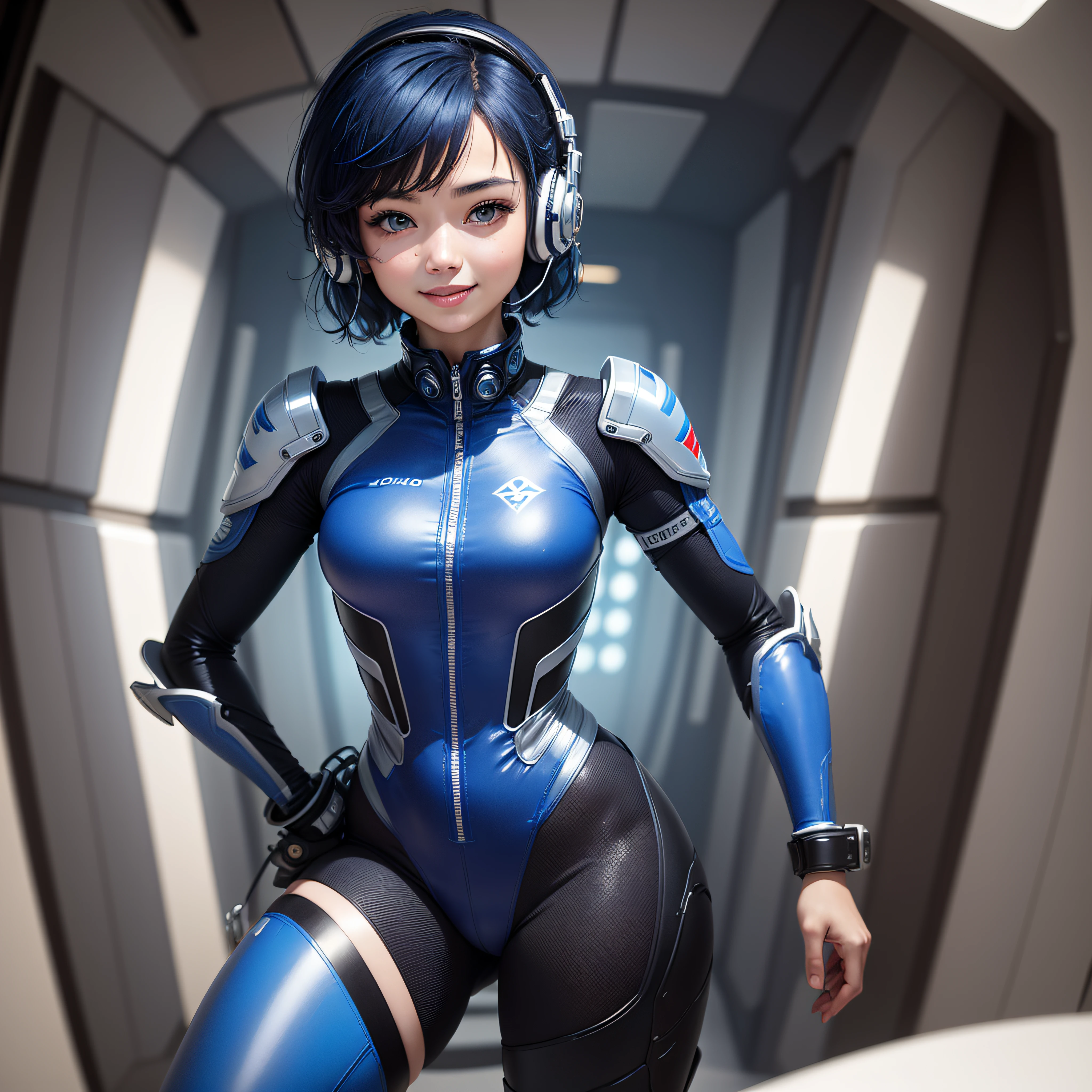 (masterpiece, highest quality, highest resolution, distinct_image, detailed details): (Solo, lone girl, face is Japan person, short cut, blue-haired girl, full body figure, (perfect body: 1.4), sparkly blue color eyes, white and blue, black color pilot suit, tight fit clothes, clothes that cover the whole body, very delicate and beautiful, detailed skin, slim body, exoskeleton, Cute, beautiful, light smile, heroine, headset, boots, in the spaceship)