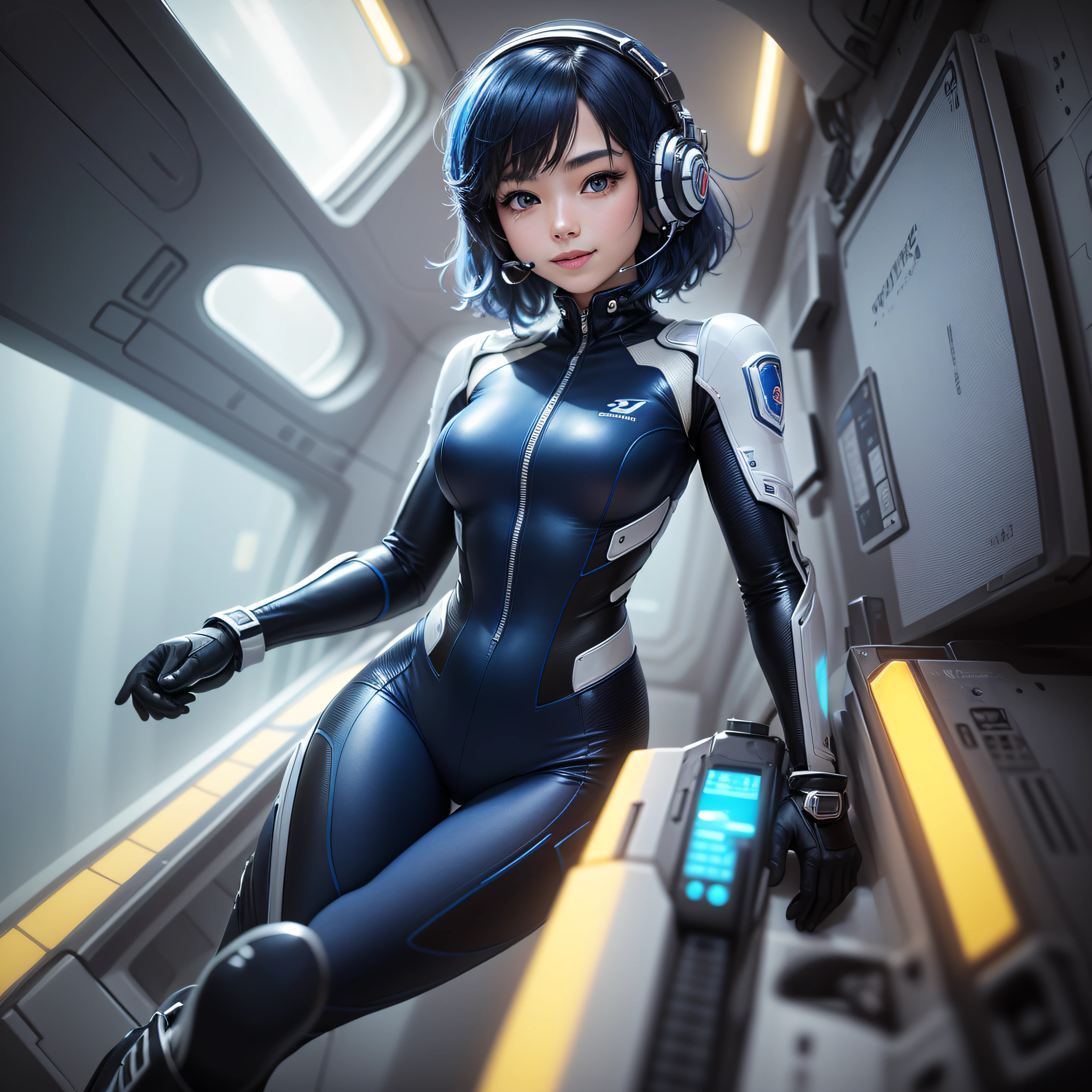 (masterpiece, highest quality, highest resolution, distinct_image, detailed details): (Solo, lone girl, face is Japan person, short cut, blue-haired girl, full body figure, (perfect body: 1.4), sparkly blue color eyes, white and blue, black color pilot suit, tight fit clothes, clothes that cover the whole body, very delicate and beautiful, detailed skin, slim body, exoskeleton, Cute, beautiful, light smile, heroine, headset, boots, in the spaceship)