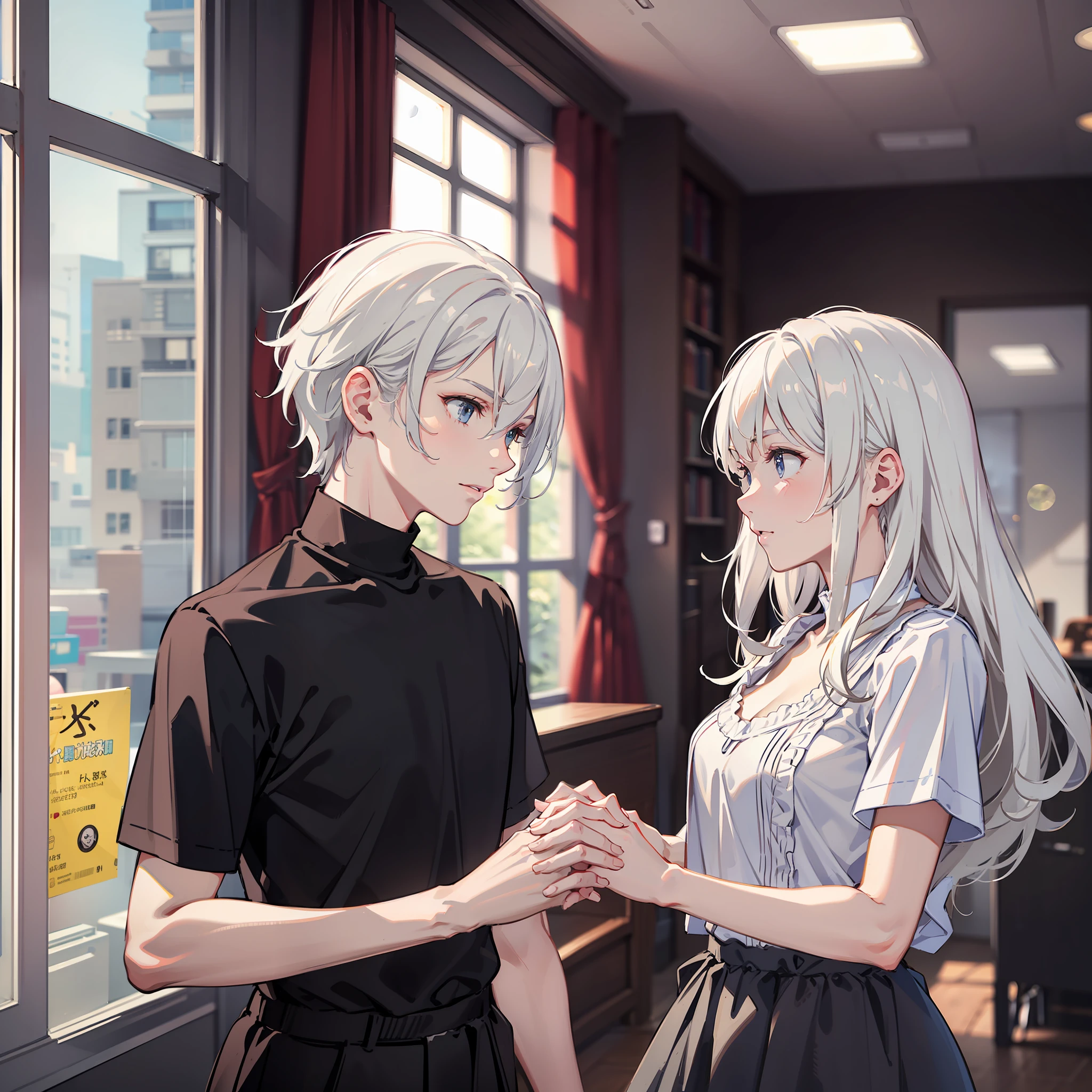 White-haired woman and black-haired man holding hands in the room, man with eyebrows and short sleeves