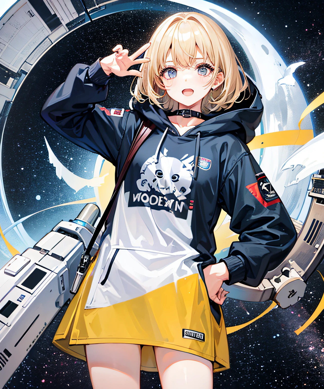 Masterpiece, 1girl, shut up, solo, incredibly ridiculous, hoodies, spaceships, space, doomsday