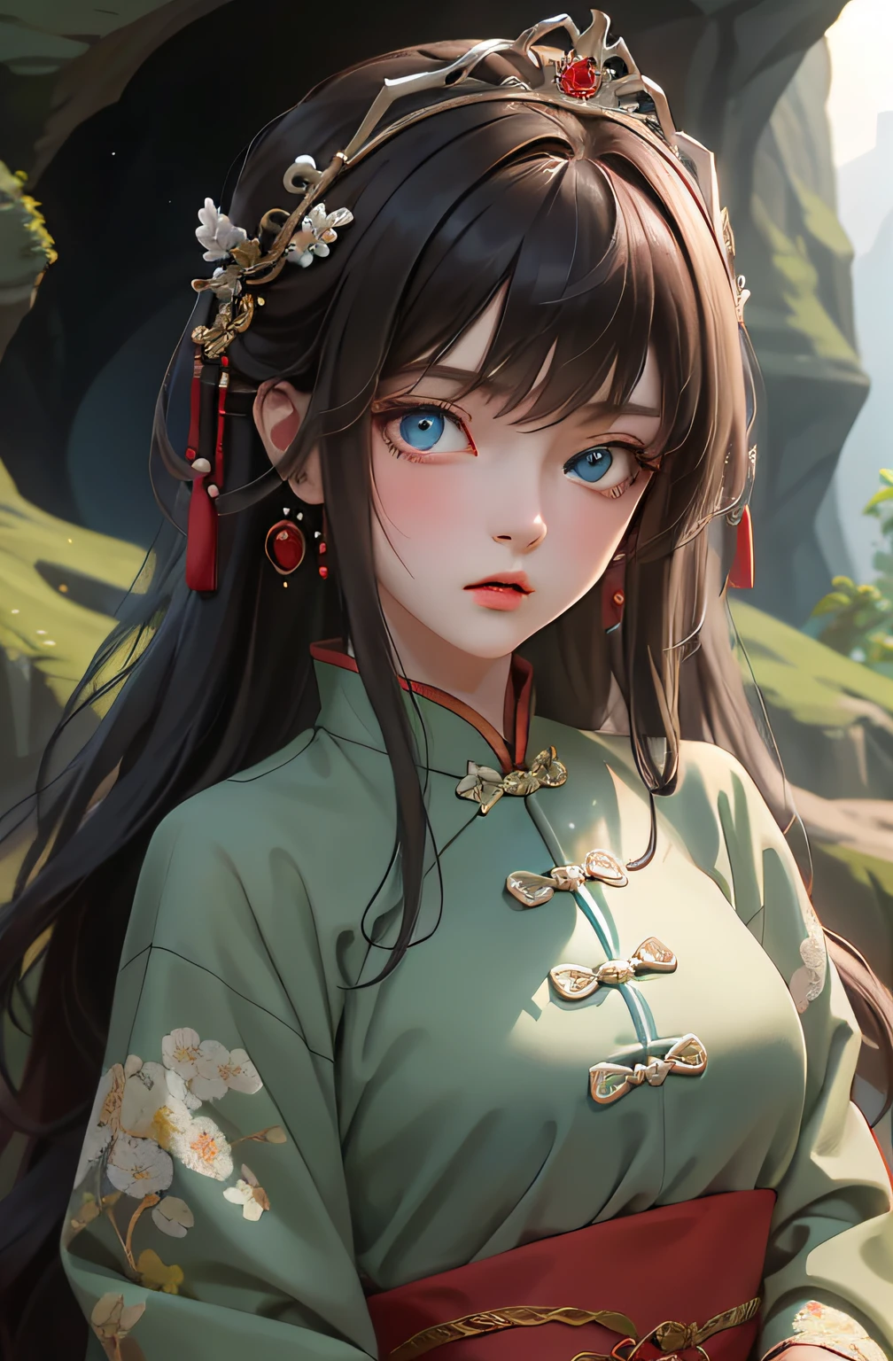Best quality, masterpiece, brunette hair, blue eyes, head up, wearing traditional Chinese costume, (tiara 4.1), scared expression, looking straight into camera, cave in background