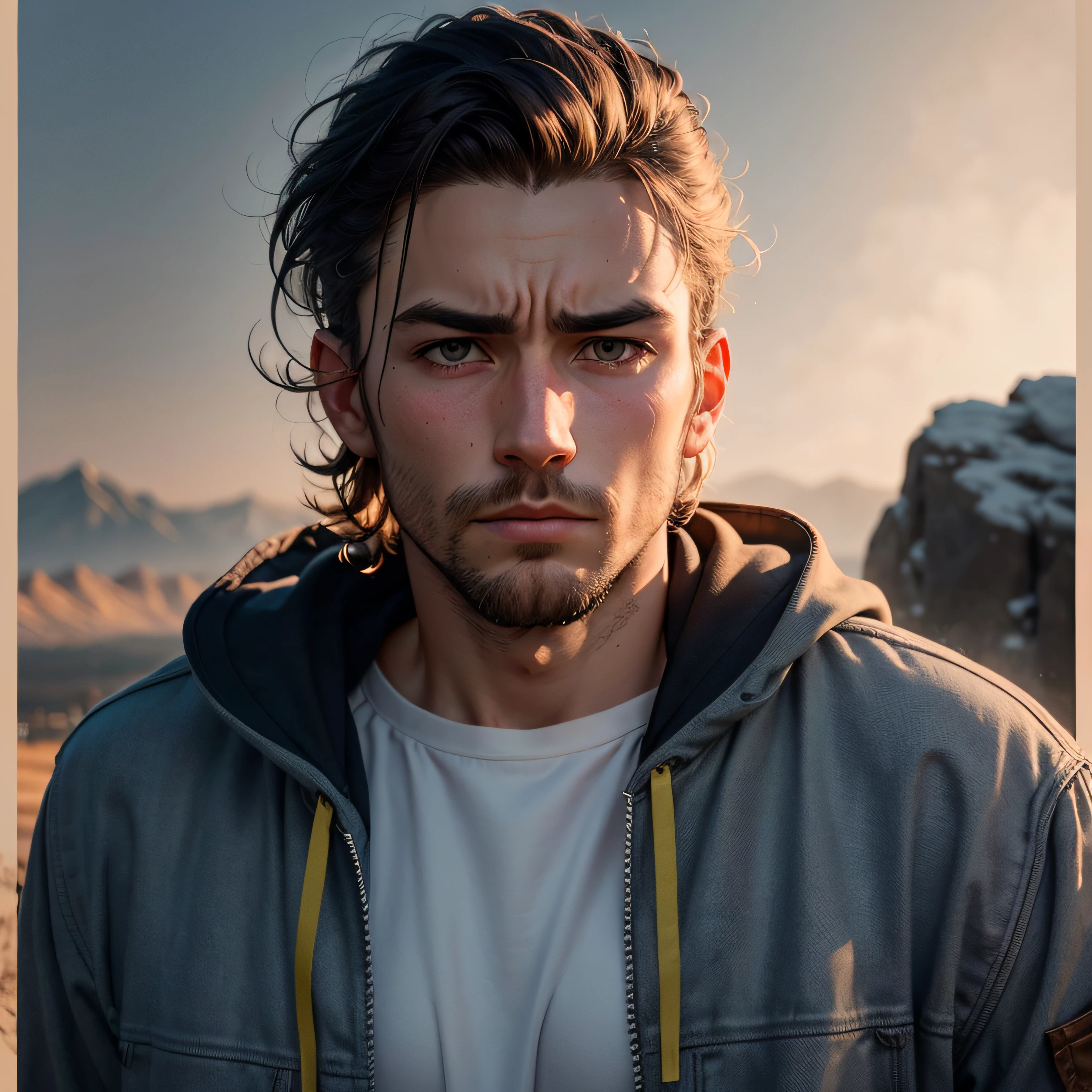 American male character, 32 years old, sympathetic face, normal clothes. The character is thinking in silence as he looks at a beautiful landscape.