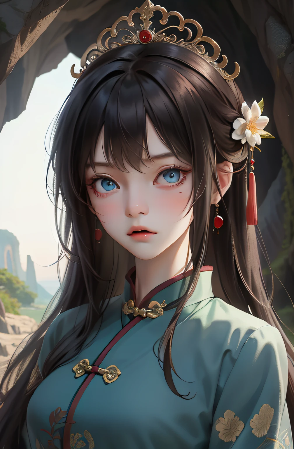Best quality, masterpiece, brunette hair, blue eyes, head up, wearing traditional Chinese costume, (tiara 4.1), scared expression, looking straight into camera, cave in background