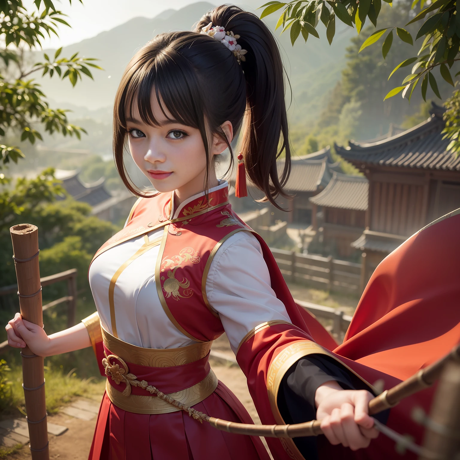1 girl, bangs, black hair, black eyes, ponytail, showy, round face, smile, cute, white clothes, red long skirt, beautiful face, high cold, anime girl, ancient Chinese costume, full body view, trail, with bamboo forest, ancient village, background blur, epic, super detailed, movie light effects, best quality