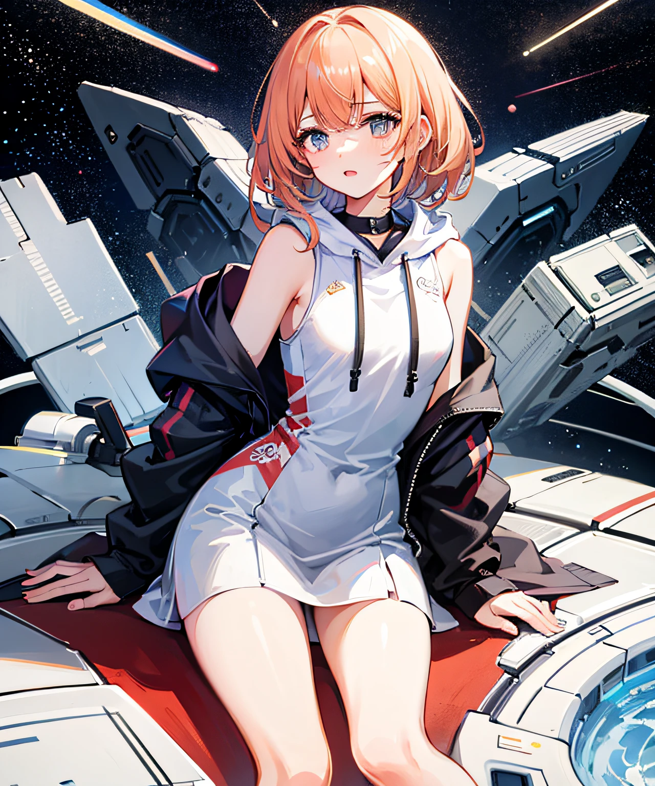 Masterpiece, 1girl, long hair, shut up, solo, incredible absurdity, hoodies, spaceships, space, doomsday