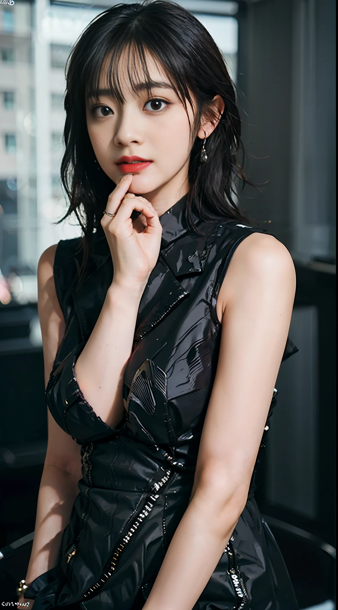 (8k, RAW photo, best quality, masterpiece:1.2), (realistic, photo-realistic:1.37),(Kpop idol), (aegyo sal:1),cute,professional lighting, photon mapping, radiosity, physically-based rendering, cosplay, lucy \(cyberpunk\),bob cut,mechanical parts,grey eyes, black tight suit,cyberpunk city, black pants,night,neon lights,sexy,smoke, looking at viewer,, 8k high resolution, 8k, CG wallpaper, realistic, clear background, medium breasts, full body