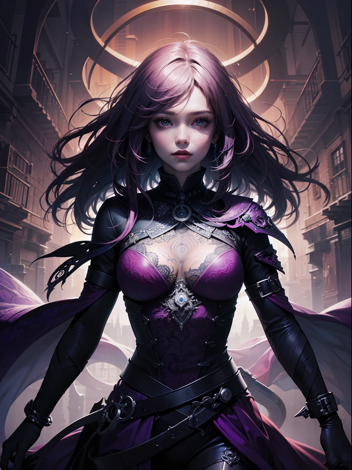 official art, unity 8k wallpaper, ultra detailed, beautiful and aesthetic, masterpiece, best quality, (zentangle, mandala, tangle, entangle), (fractal art:1.3) , 1girl, extremely detailed, dynamic angle, , elegant, purple colours, grunge style, vivid colours, romanticism, atmospheric