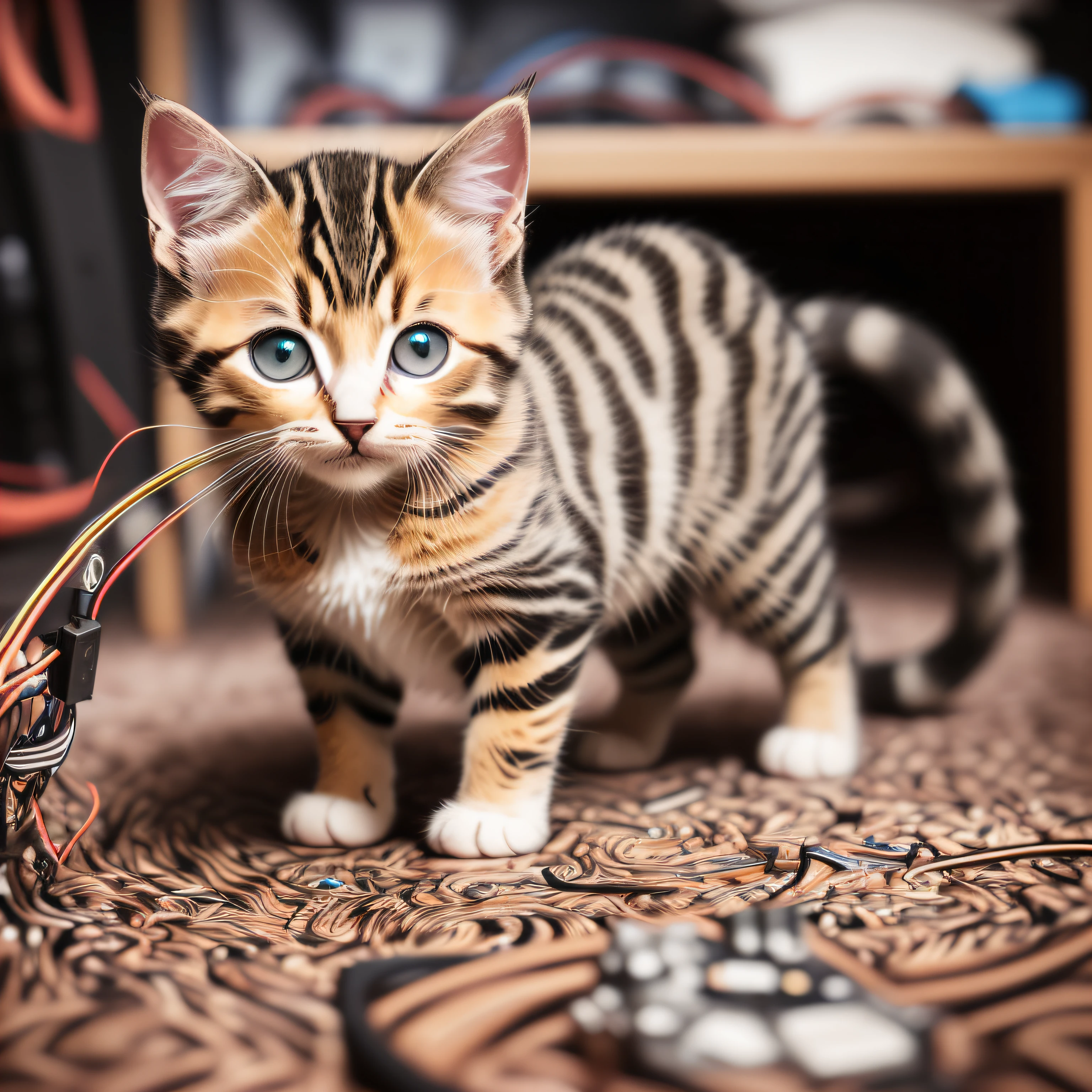 Adorable tabby kitten, (cyborg:1.1), ([tail | detailed wiring]:1.3), (complex details), hdr, (complex details, ultra-detailed:1.2), cinematic shot, vignette, central. --auto
