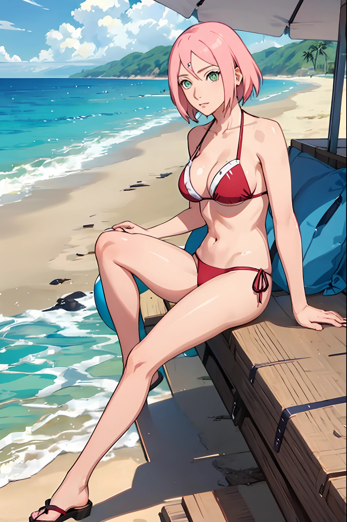 haruno sakura, side tie bikini, medium breast, slim legs, sunny day, Beach, leaning, beautiful eyes