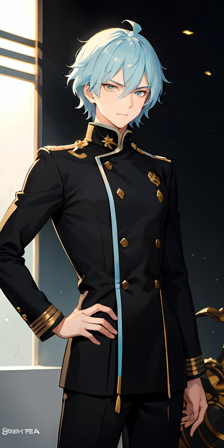 charismatic young man with light blue hair, golden eyes, golden black uniform, in the style of Tensei Shitara Slime Datta Ken, imposing