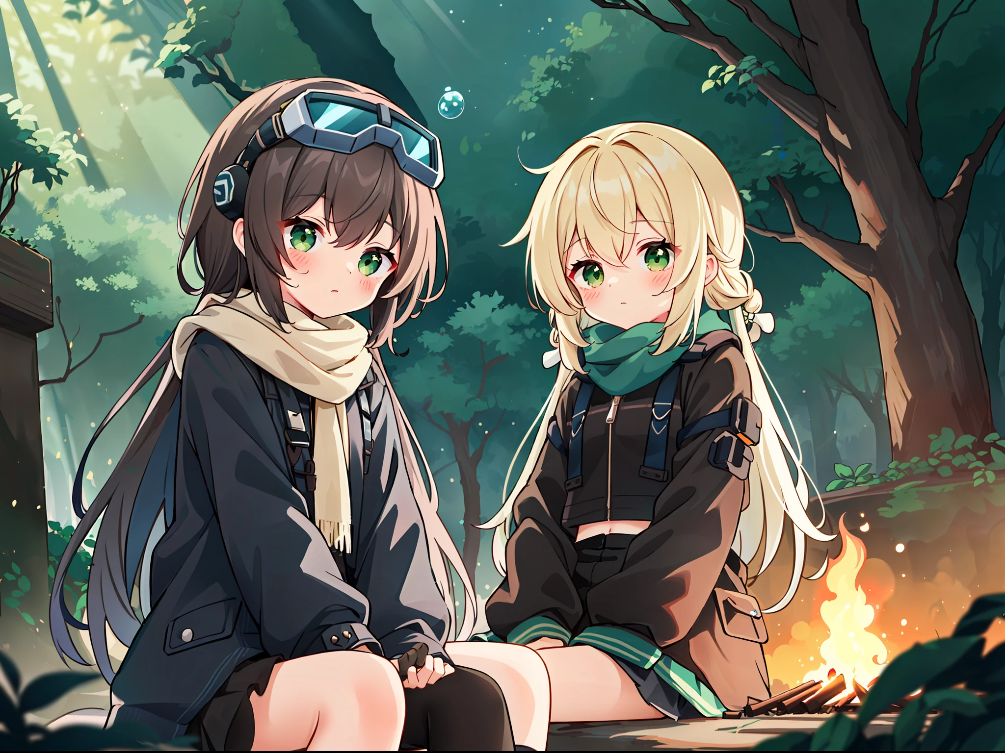 A little girl, sunshine, forest, heavy scarf, punk jacket, bubble socks, (delicate face) (delicate hair), (dark brown double twisted braid), green eyes, robotic arms, dramatic light, dramatic shadows, ray tracing, expressionless face, mechanical goggles on the head, bonfire in front of you, sitting on a stake, warm atmosphere