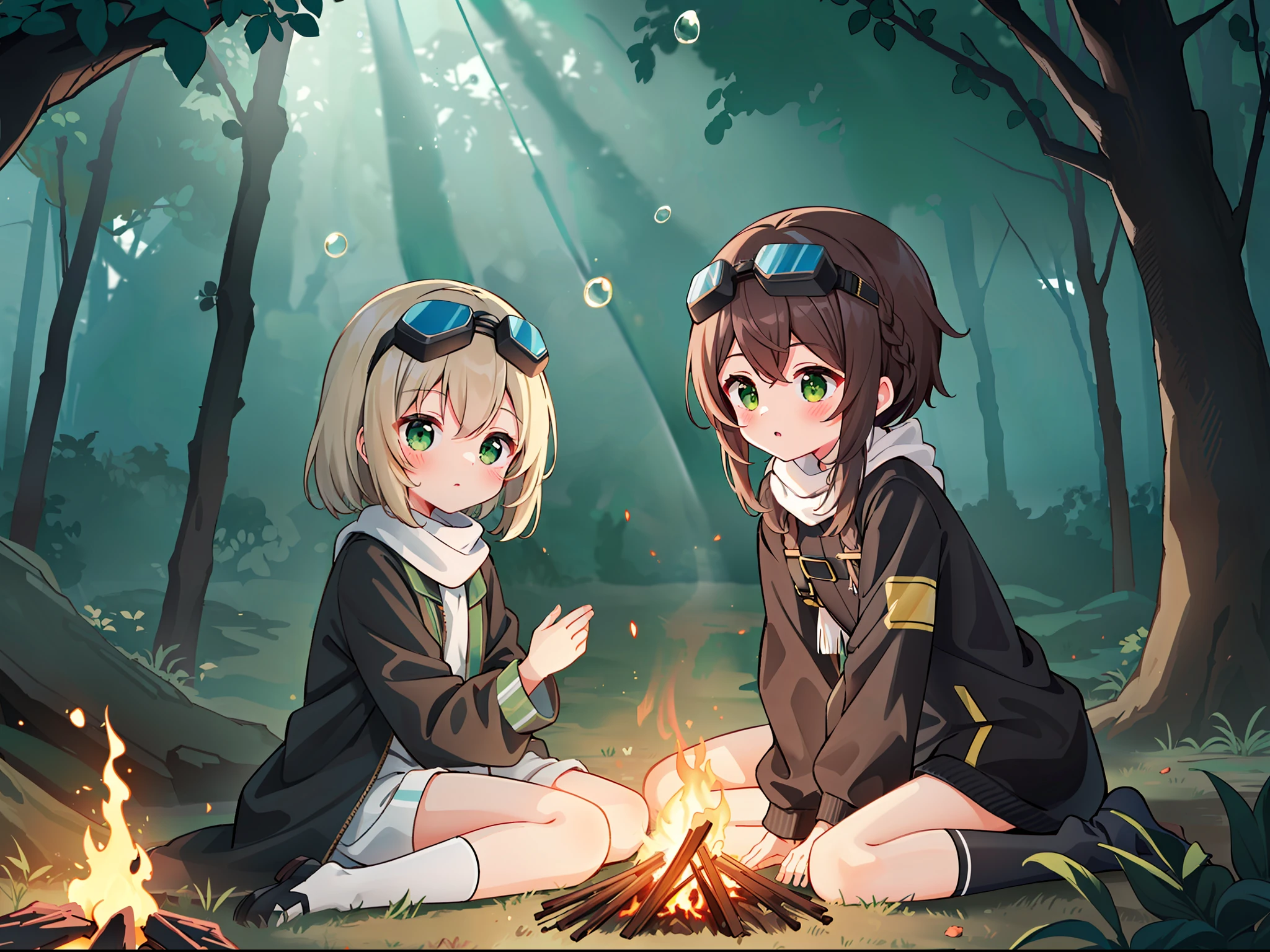 A little girl, sunshine, forest, heavy scarf, punk jacket, bubble socks, (delicate face) (delicate hair), (dark brown double twisted braid), green eyes, robotic arms, dramatic light, dramatic shadows, ray tracing, expressionless face, mechanical goggles on the head, bonfire in front of you, sitting on a stake, warm atmosphere