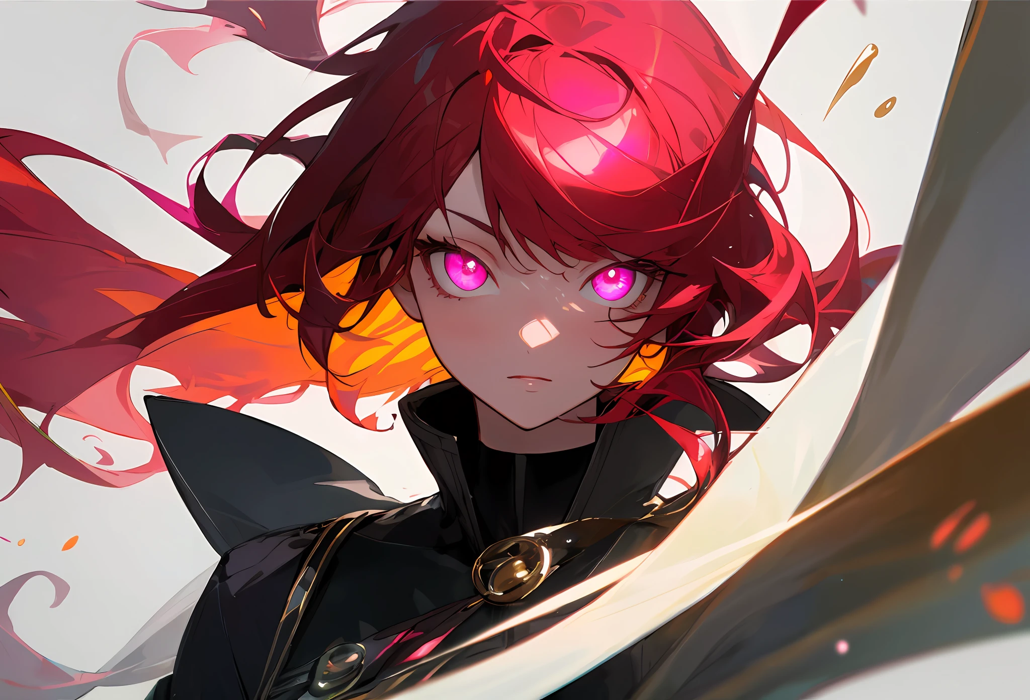 (masterpiece), (best quality), (ultra detailed),(disheveled hair),(illustration), (1girl), (Fashionable clothing), standing, Fashion model, looking at viewer, (interview), (simple background), beautiful detailed eyes, delicate beautiful face, Floating,(high saturation),(colorful splashes),colorful bubble,(shining), focus on face, red hair, bangs, face focus, eyes focus, high detailed eyes, glowing eyes, pink eyes, floating hairs, (shining), best lighting, best shadow, full face view