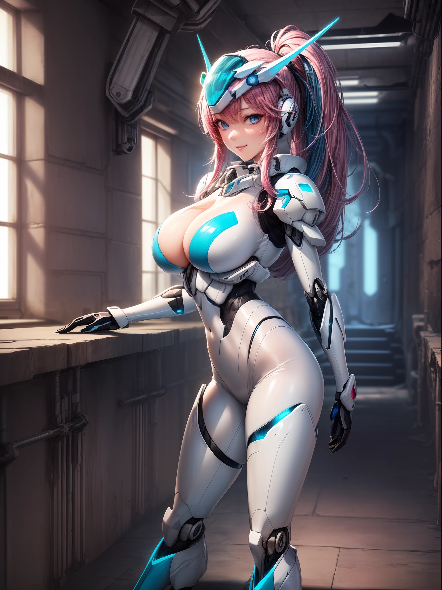 ((Full body/standing):2) {((Only 1woman):1.2)}: ((Wearing white mecha suit with blue parts, extremely tight on the body):1.5), has ((extremely large breasts): 1.2), only she has ((pink mohawk hair, blue eyes):1.2), is ((leaning against the wall, doing erotic pose for the viewer, smiling)). \n Background:((in a futuristic dungeon full of giant robots):1.5). anime, anime style, 16k, high resolution, ((best quality, high detail: 1.3)), UHD, ((masterpiece))
