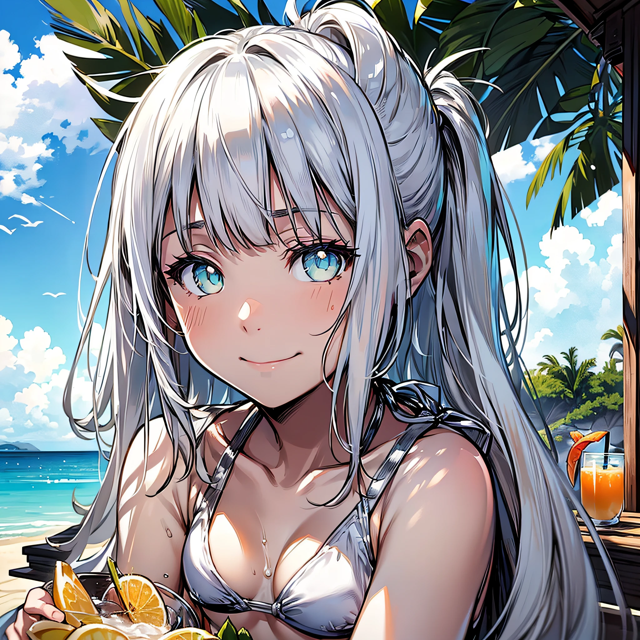 ((Masterpiece)), ((Squat)), (Sit on a white beach chair and drink tropical juice), (((Metallic White Bikini)), Cat-eared girl, Long-haired, Ponytail, (Silver-haired), Sad smile, Aqua Eyes, Small, 15 years old, Noon, Sunshine, Seaside, Fantastic sky