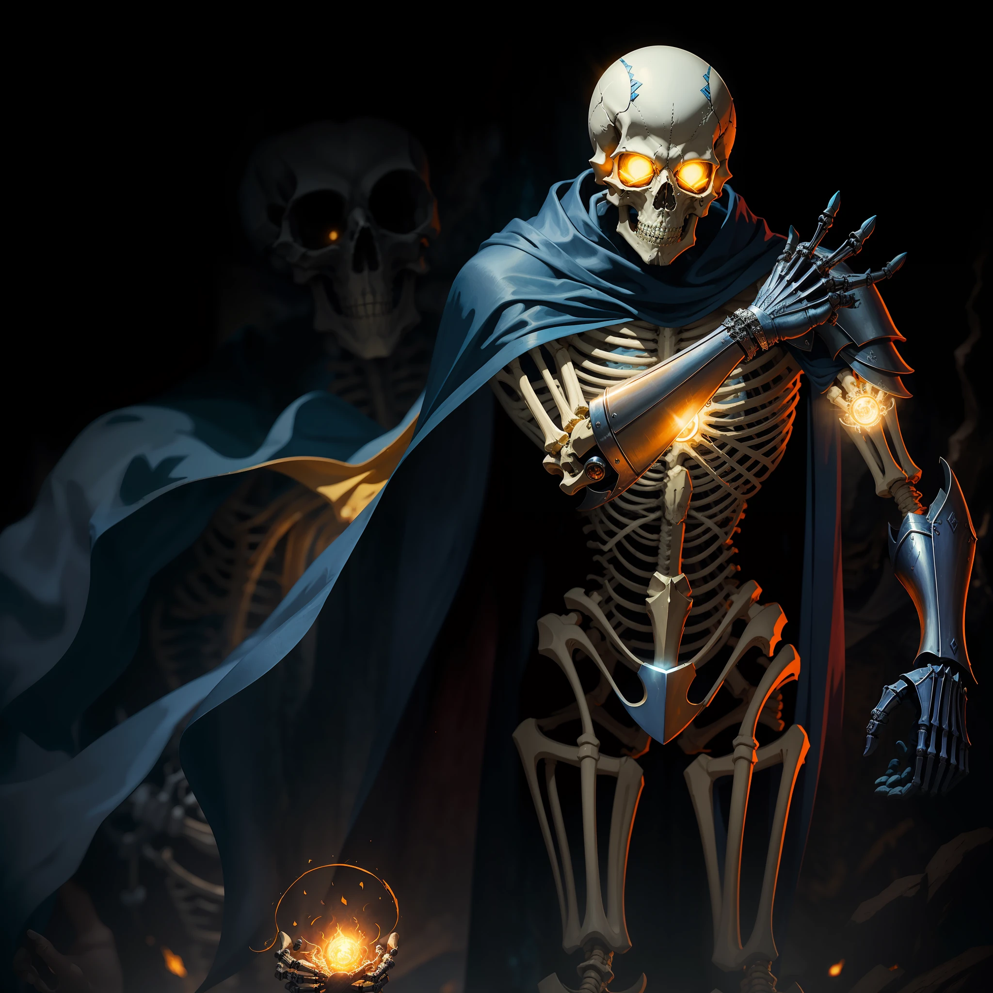 A skeleton wearing a blue cape and gorgeous detailed silver armor exuding light blue luster, holding right hand over heart, eye socket’s glowing yellow, a paladin, 8K, masterpiece, high definition, highly detailed, medieval fantasy environment