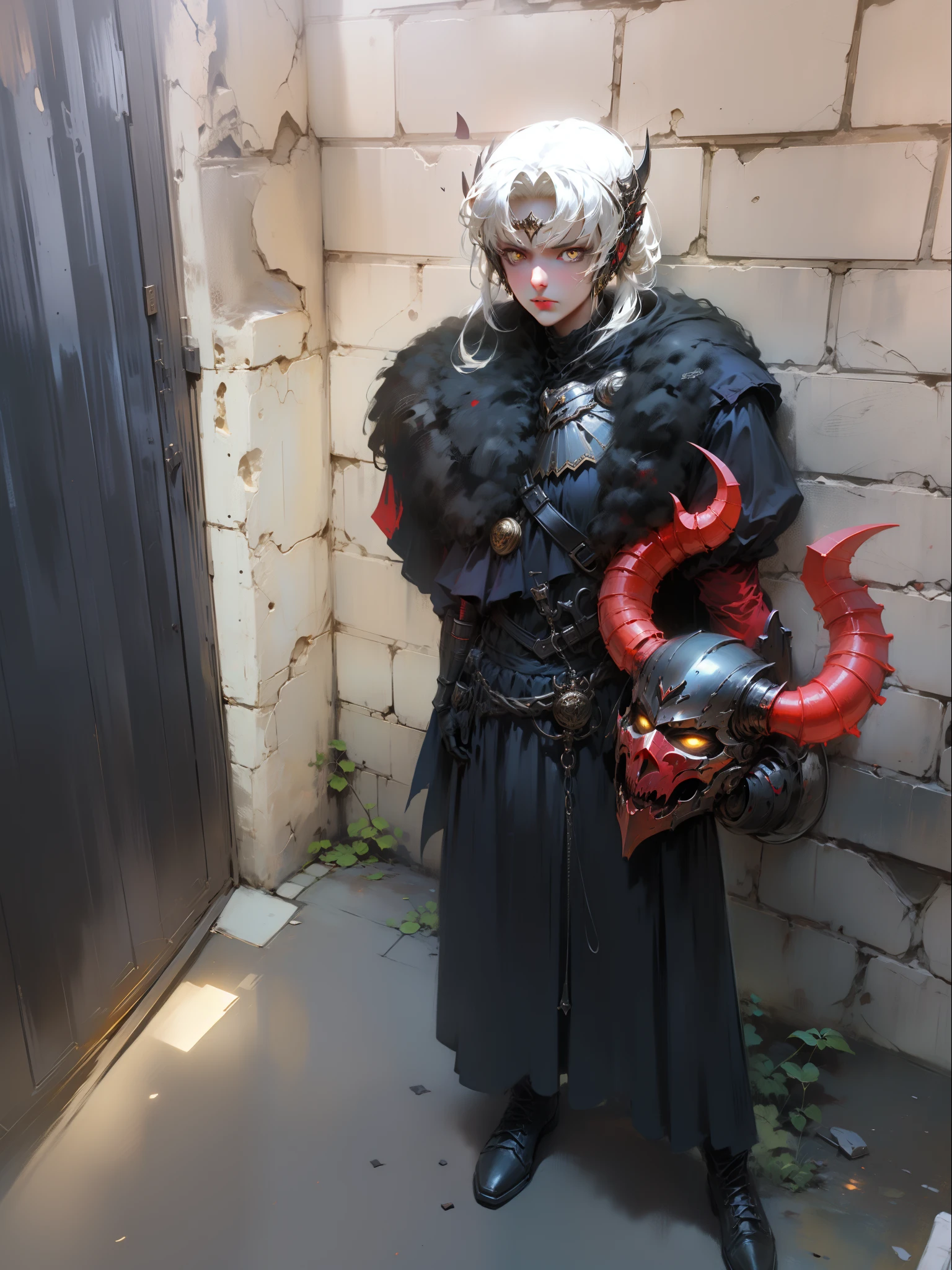 Black knight, castle at night, Gothic Realistic, 4k, brown skin, straight white hair, yellow eyes, holding a demon helmet