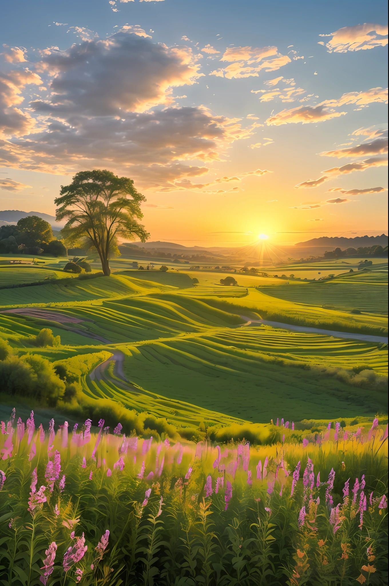 A sunny landscape in the morning, sunrise