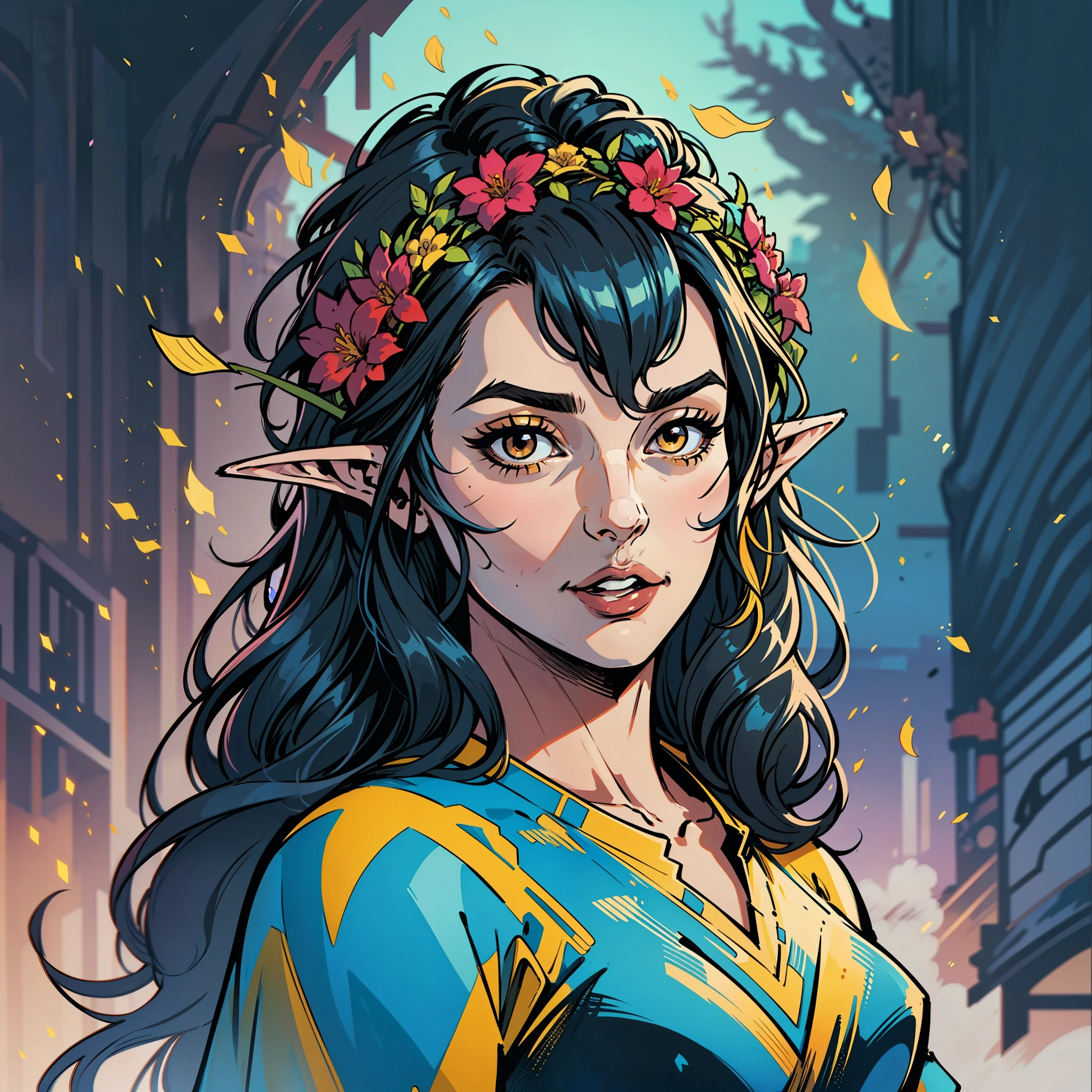 Avatar art of 1elven girl, elf princess, hair accessory: wreath) (flowers in hair: 1.2) sporting of (medium messy black color hair: 1.1), bright hair in the sun, (volumetric lighting: 1.2), blue and yellow clothes (elf: 1.1) brown eyes, black eyes, cute, adorable